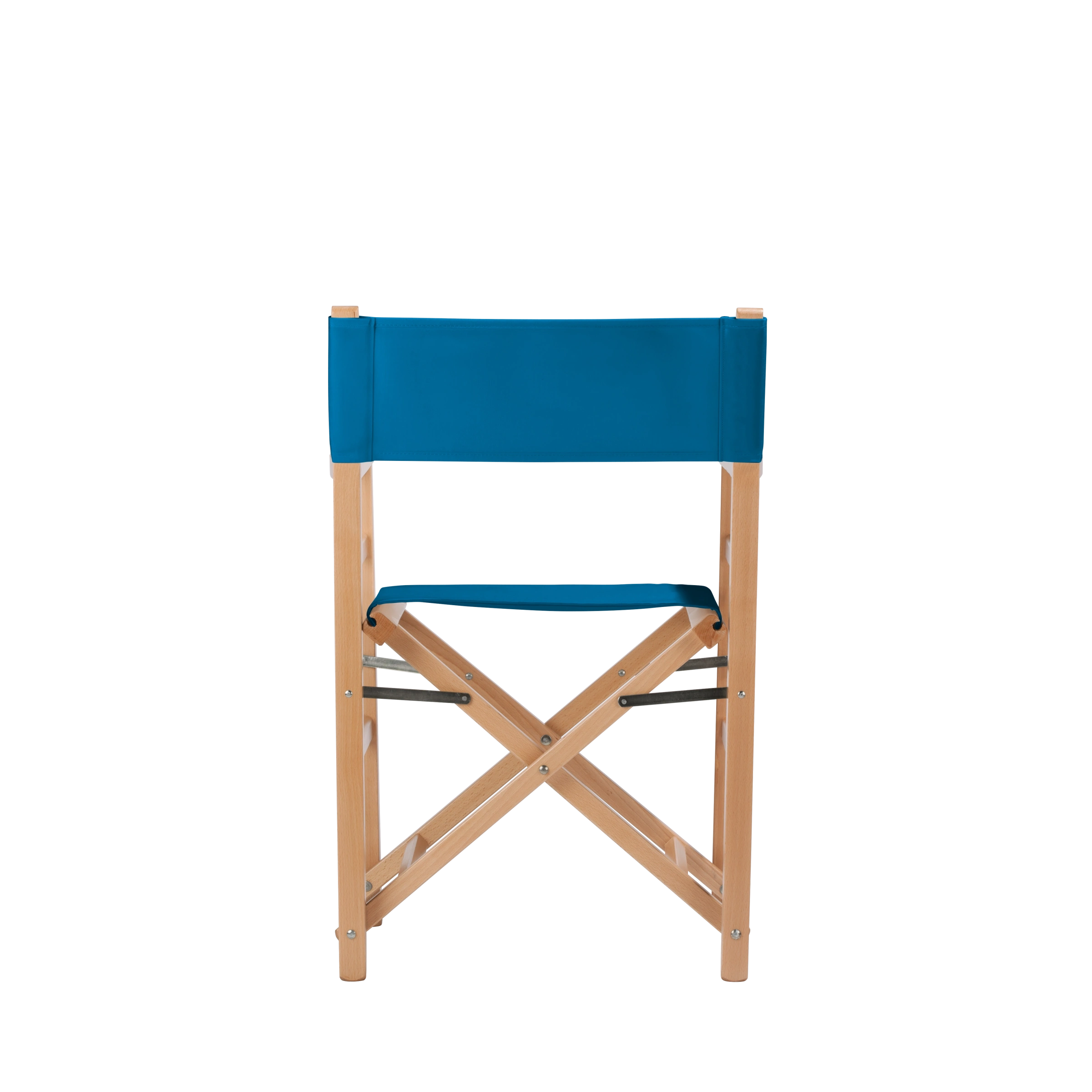 Regiestuhl Oscar aus naturfarbenem Buchenholz mit blauem Bezug, Rückansicht
#Classic | Set (Farbe)_blau