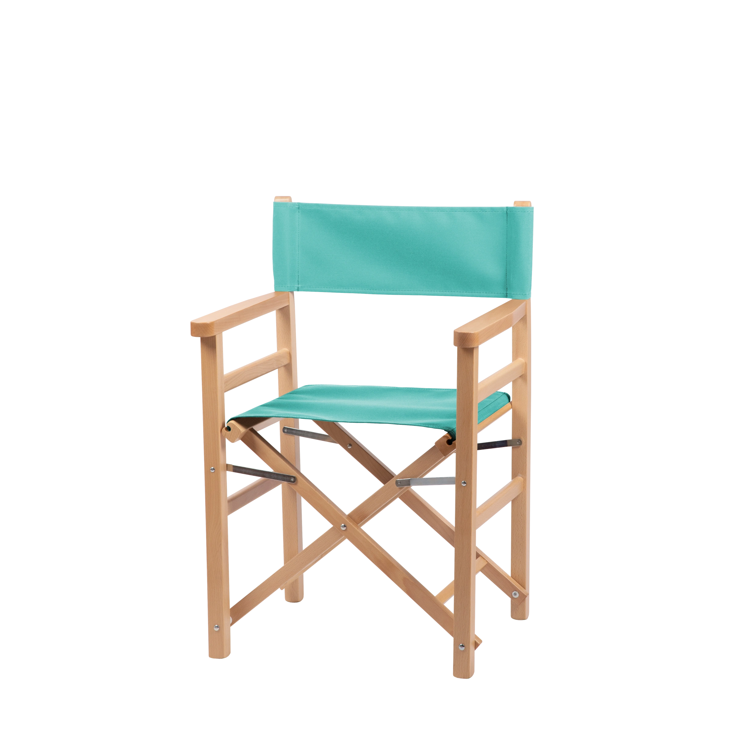 Regiestuhl Oscar aus naturfarbenem Buchenholz mit türkisem Bezug, Seitenansicht
#Classic | Set (Farbe)_türkis