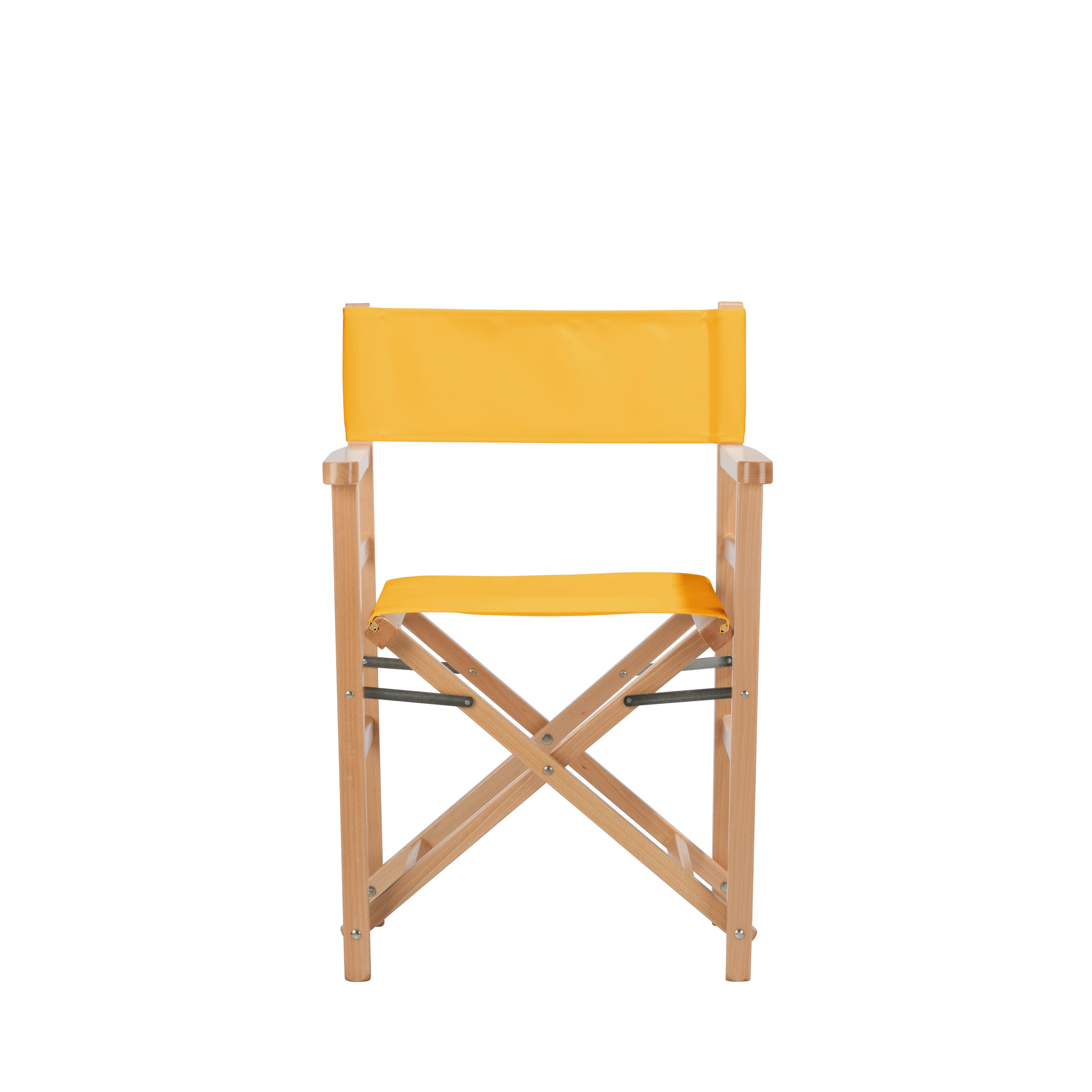 Regiestuhl Oscar aus naturfarbenem Buchenholz mit gelbem Bezug, Frontalansicht
#Classic | Set (Farbe)_gelb