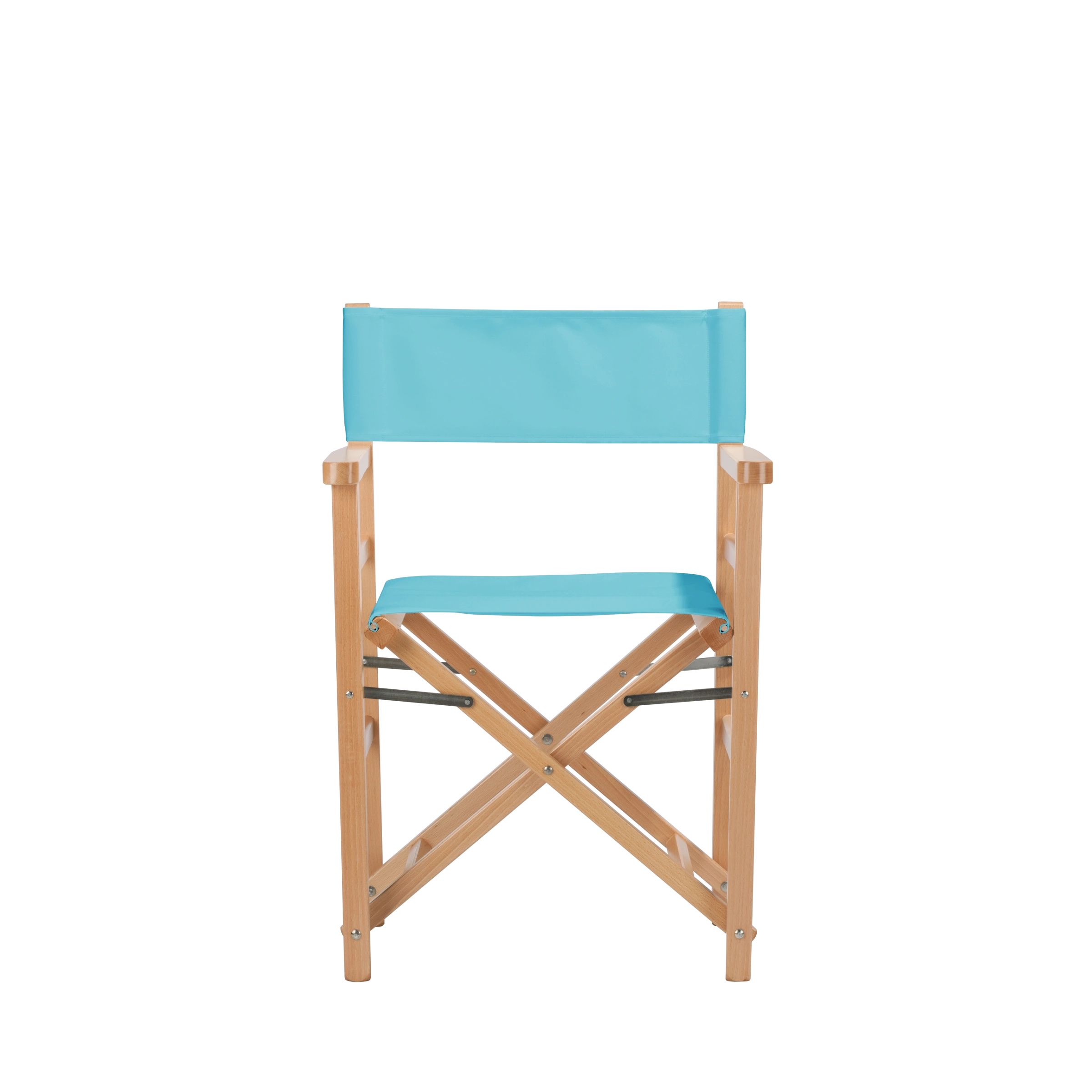 Regiestuhl Oscar aus naturfarbenem Buchenholz mit hellblauem Bezug, Frontalansicht
#Classic | Set (Farbe)_hellblau