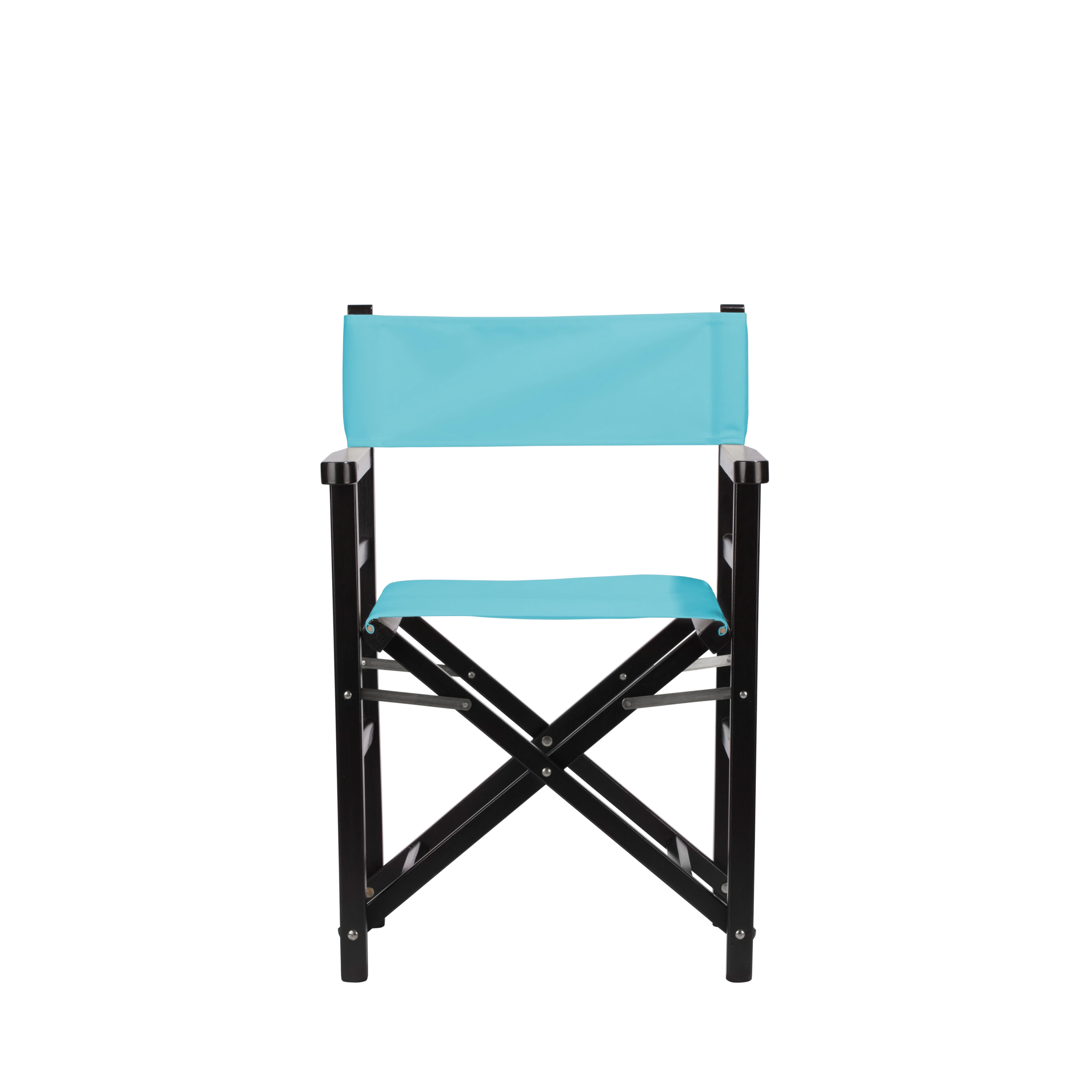 Regiestuhl Oscar aus schwarzem Buchenholz mit hellblauem Bezug, Frontalansicht
#Classic | Set (Farbe)_hellblau