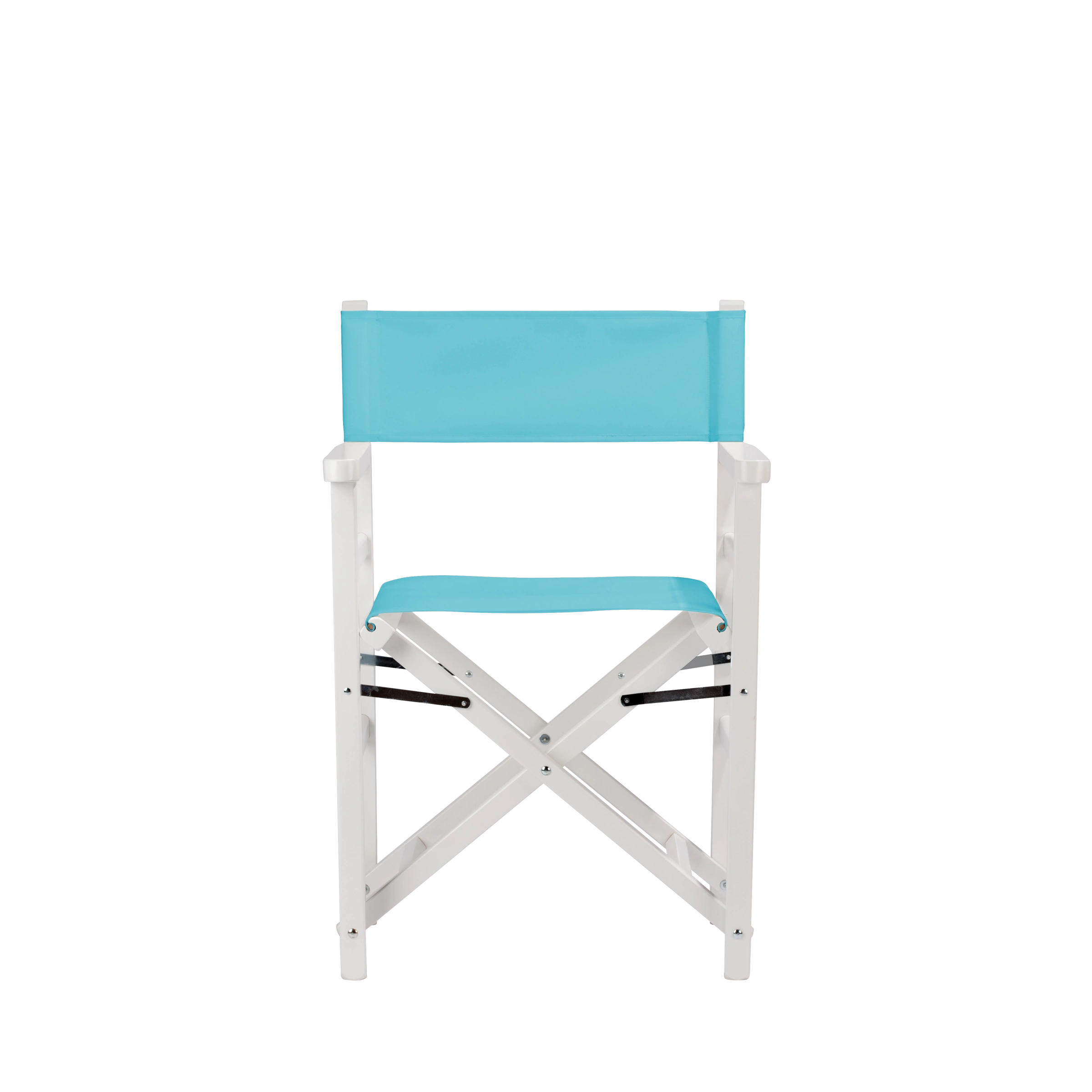 Regiestuhl Oscar aus weißem Buchenholz mit hellblauem Bezug, Frontalansicht
#Classic | Set (Farbe)_hellblau