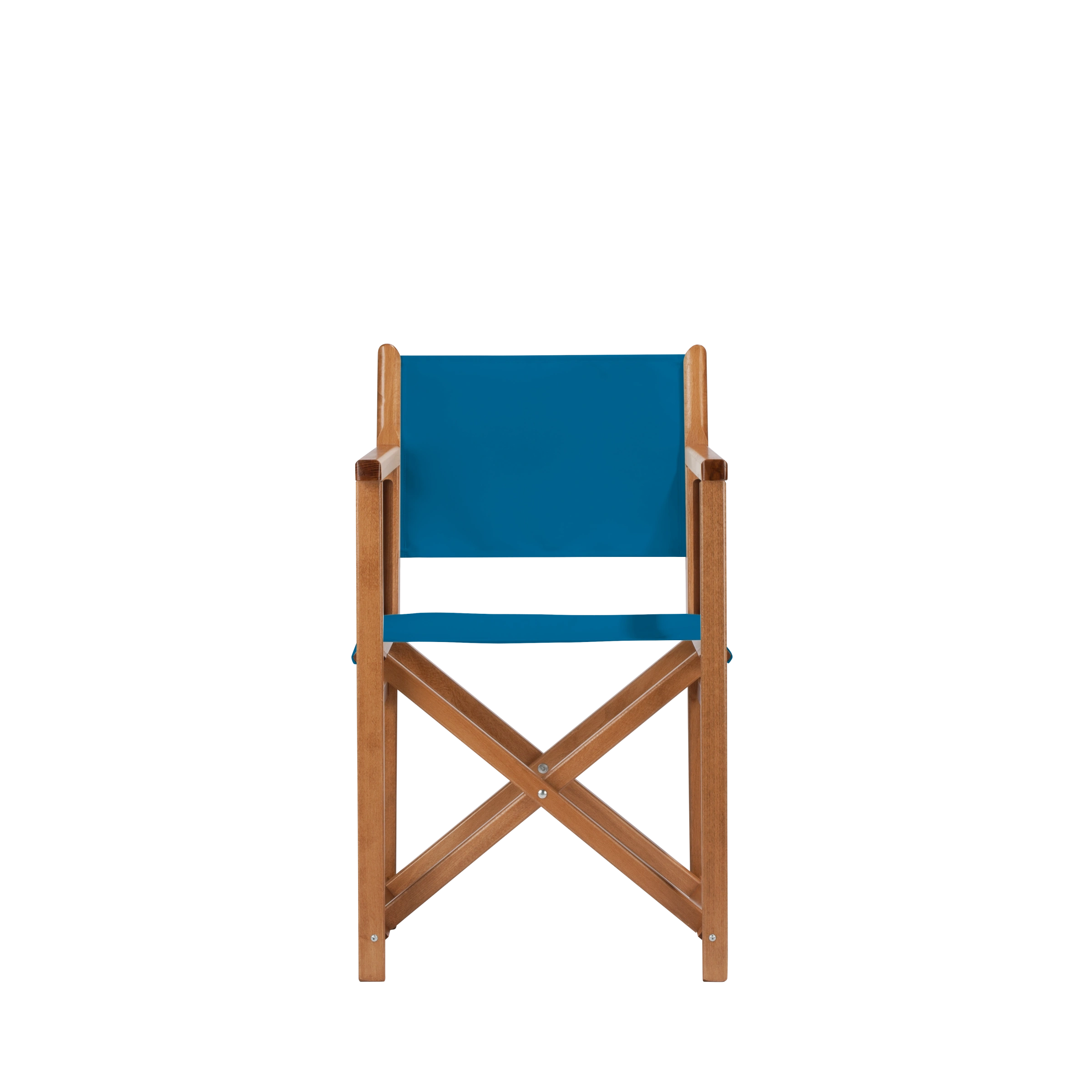 Regiestuhl Pedro aus brandyfarbenem Buchenholz mit blauem Bezug, Frontalansicht
#Swing | Set (Farbe)_blau