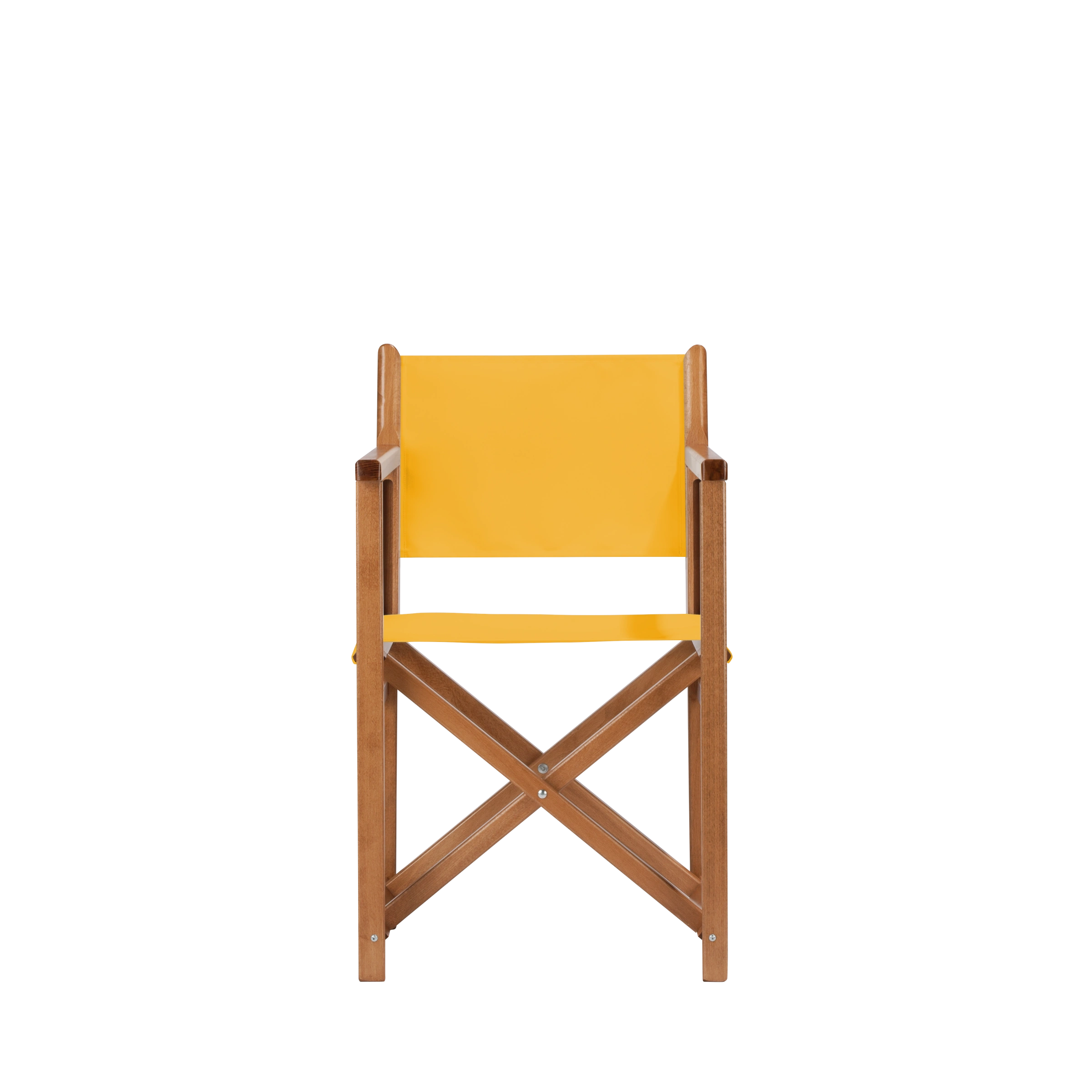 Regiestuhl Pedro aus brandyfarbenem Buchenholz mit gelbem Bezug, Frontalansicht
#Swing | Set (Farbe)_gelb