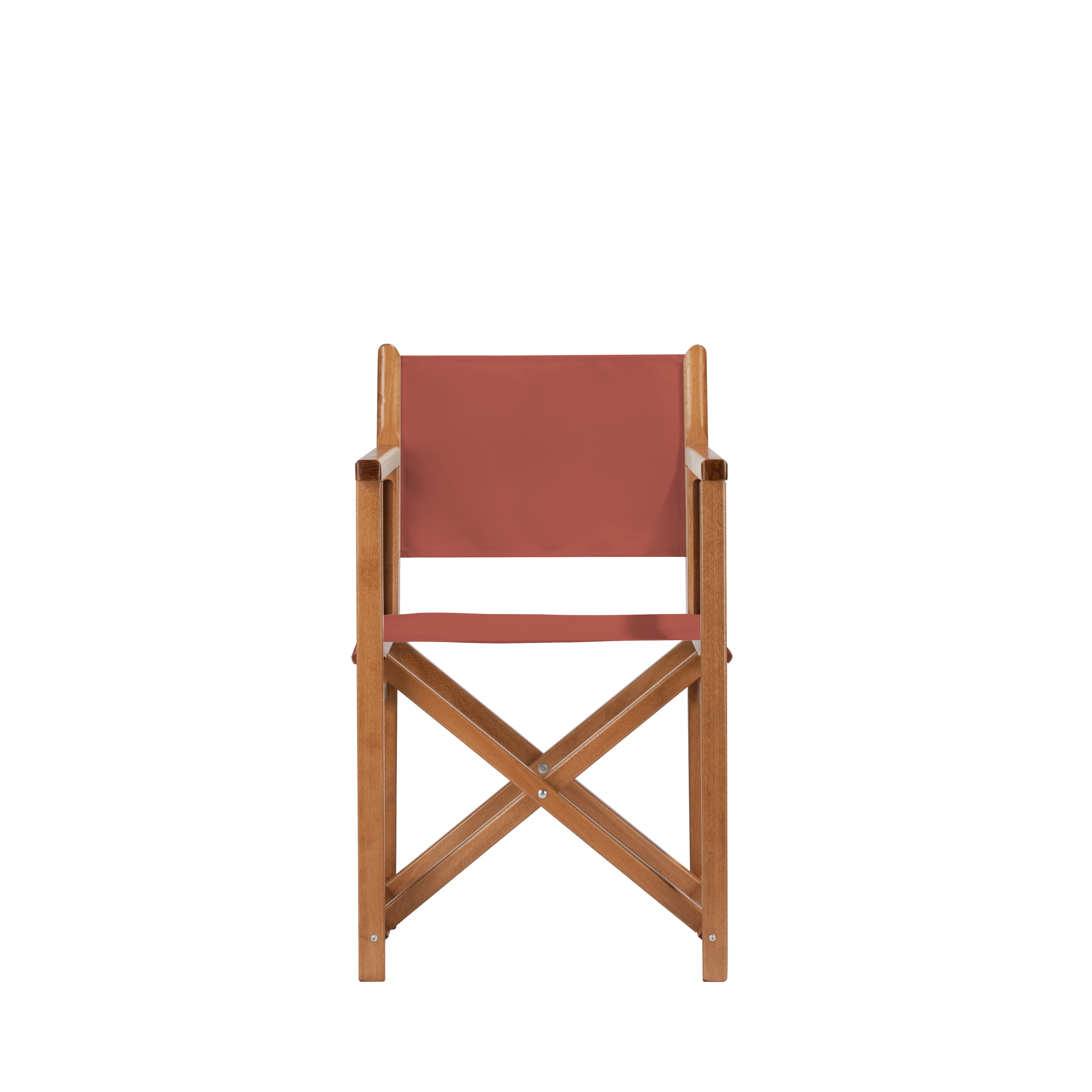 Regiestuhl Pedro aus brandyfarbenem Buchenholz mit Bezug in terracotta, Frontalansicht
#Swing | Set (Farbe)_terracotta