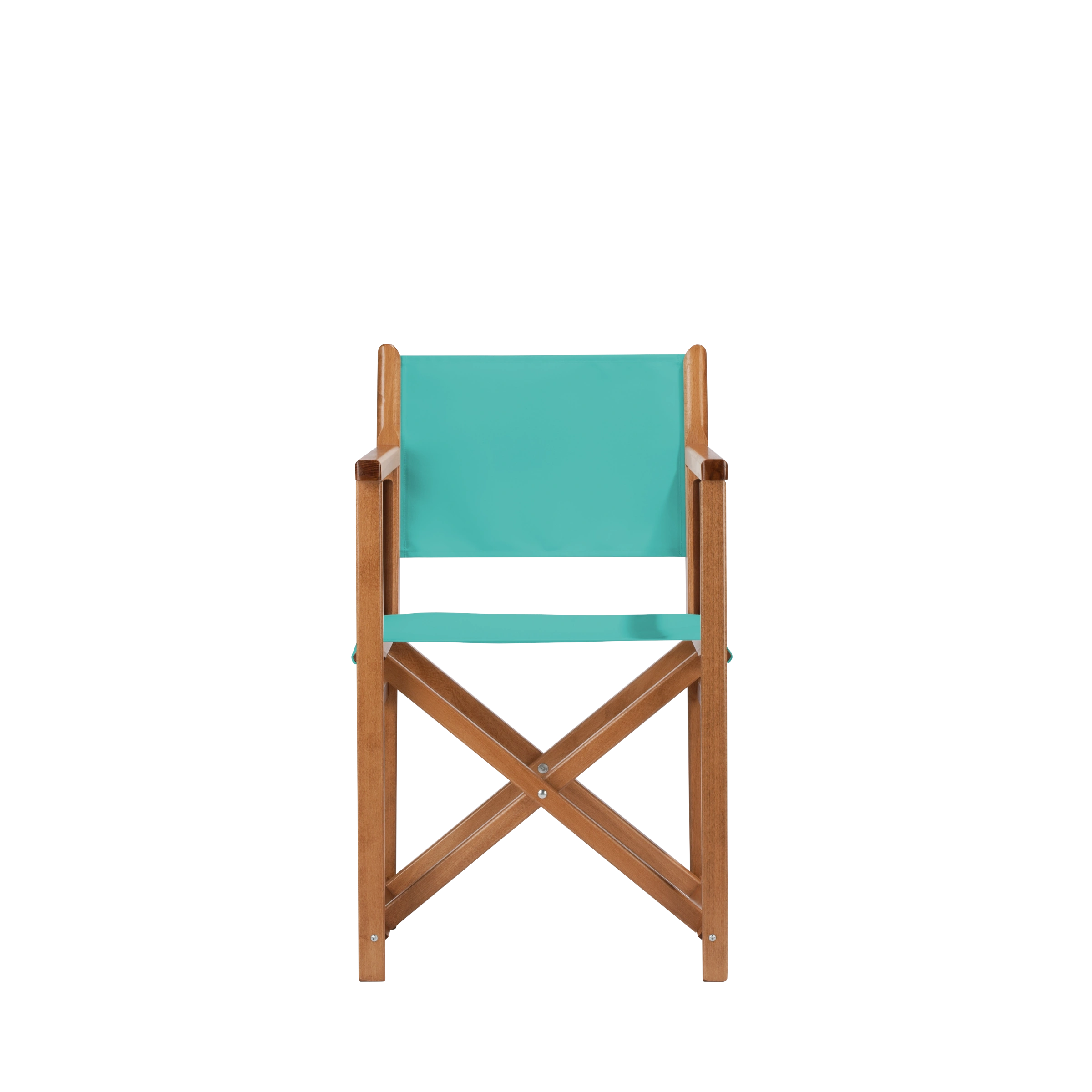 Regiestuhl Pedro aus brandyfarbenem Buchenholz mit türkisem Bezug, Frontalansicht
#Swing | Set (Farbe)_türkis