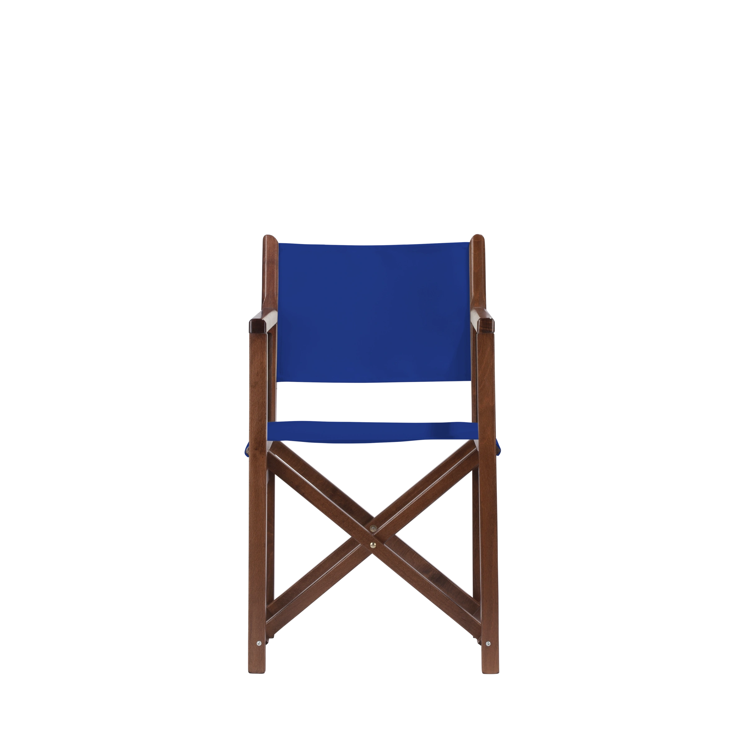 Regiestuhl Pedro aus braunem Buchenholz mit dunkelblauem Bezug, Frontalansicht
#Swing | Set (Farbe)_dunkelblau