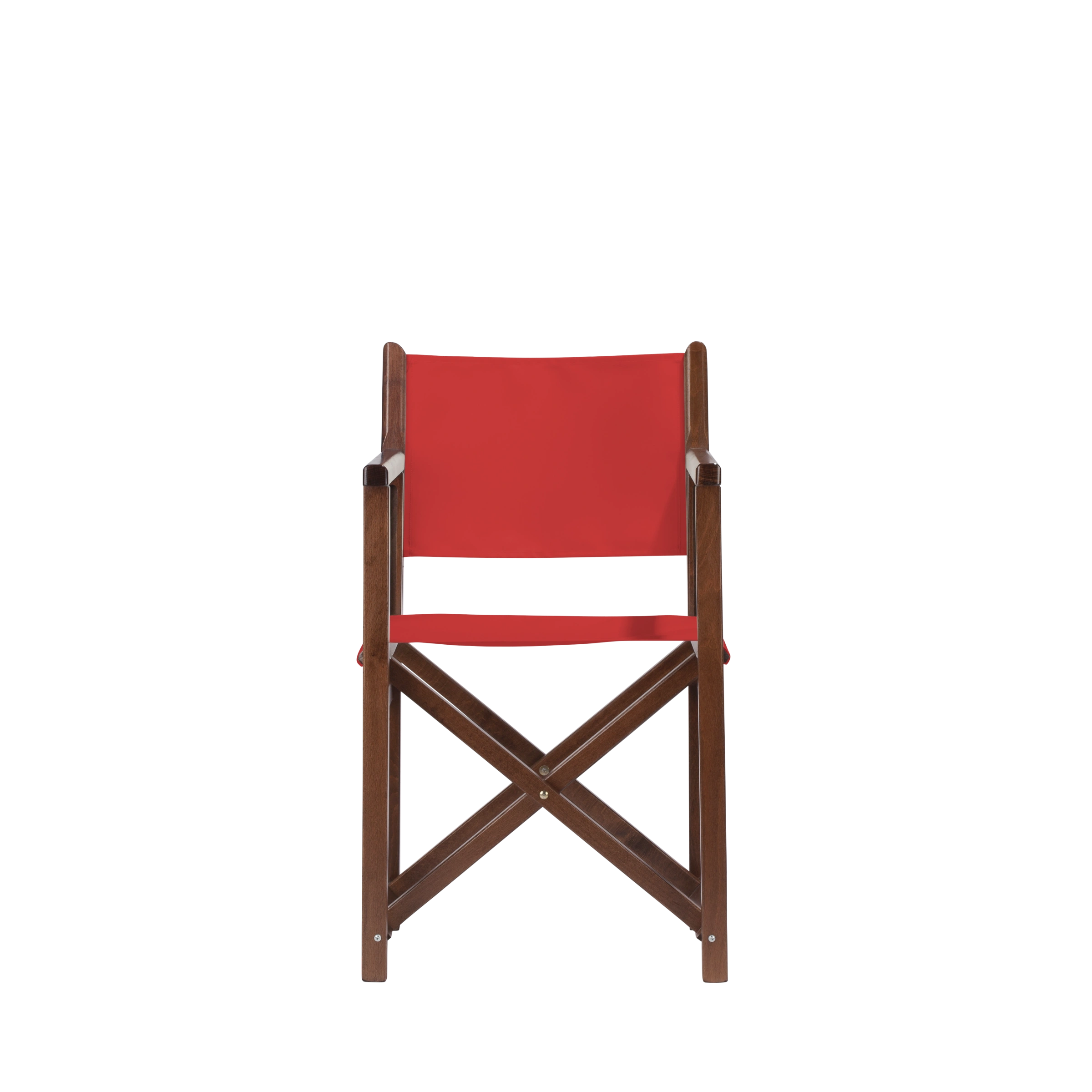 Regiestuhl Pedro aus braunem Buchenholz mit Bezug in rivarot, Frontalansicht
#Swing | Set (Farbe)_rivarot