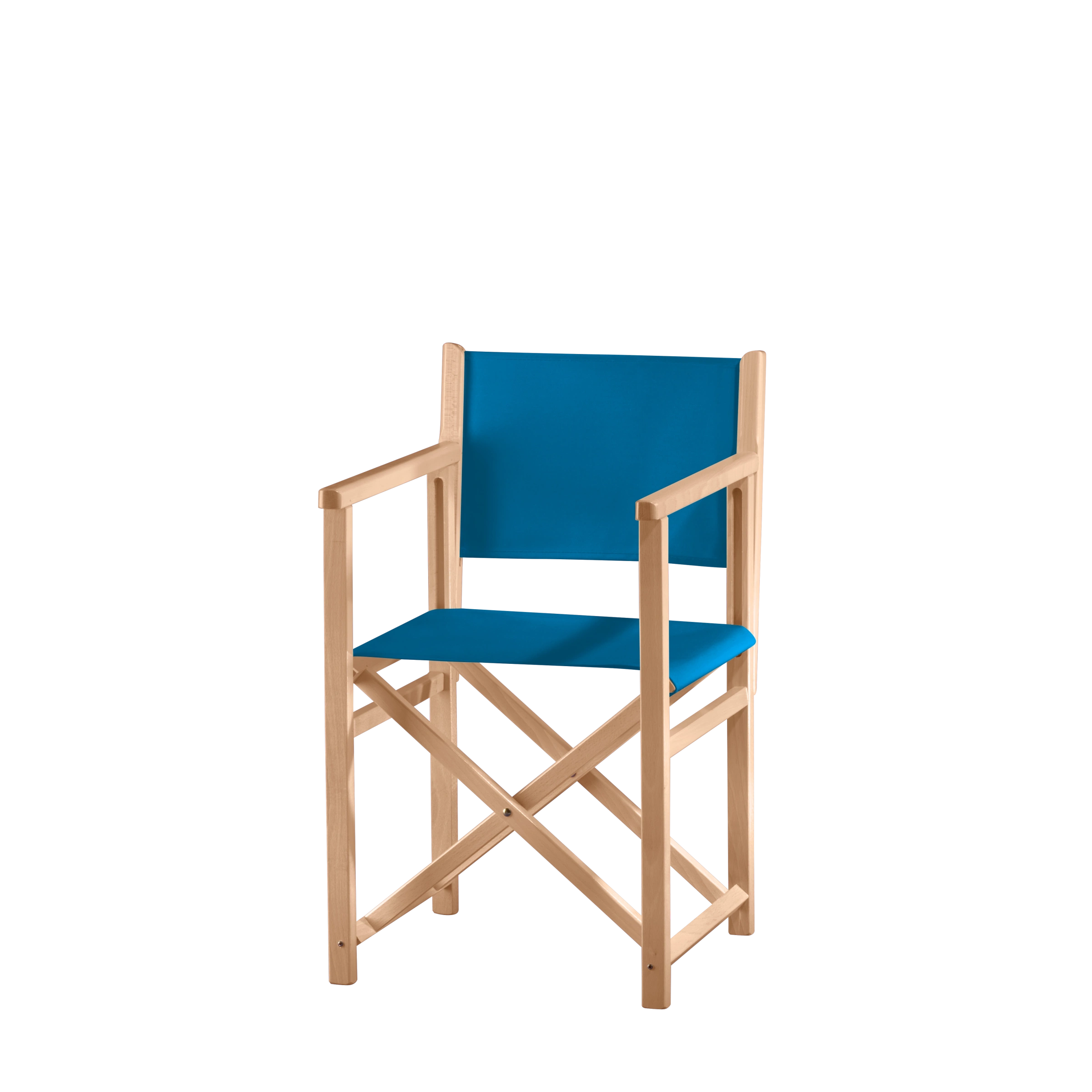 Regiestuhl Pedro aus naturfarbenem Buchenholz mit blauem Bezug, Seitenansicht
#Swing | Set (Farbe)_blau