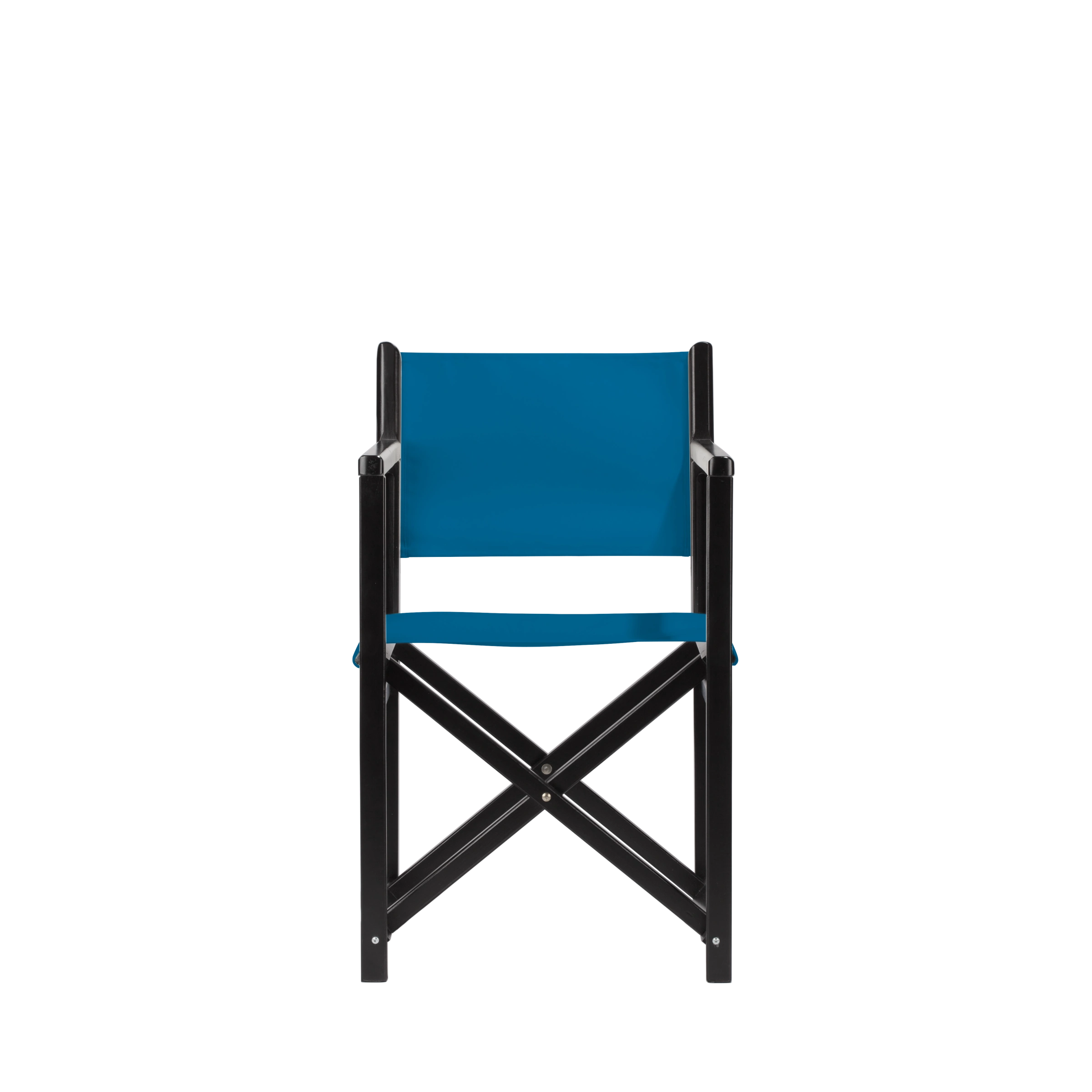 Regiestuhl Pedro aus schwarzem Buchenholz mit blauem Bezug, Frontalansicht
#Swing | Set (Farbe)_blau