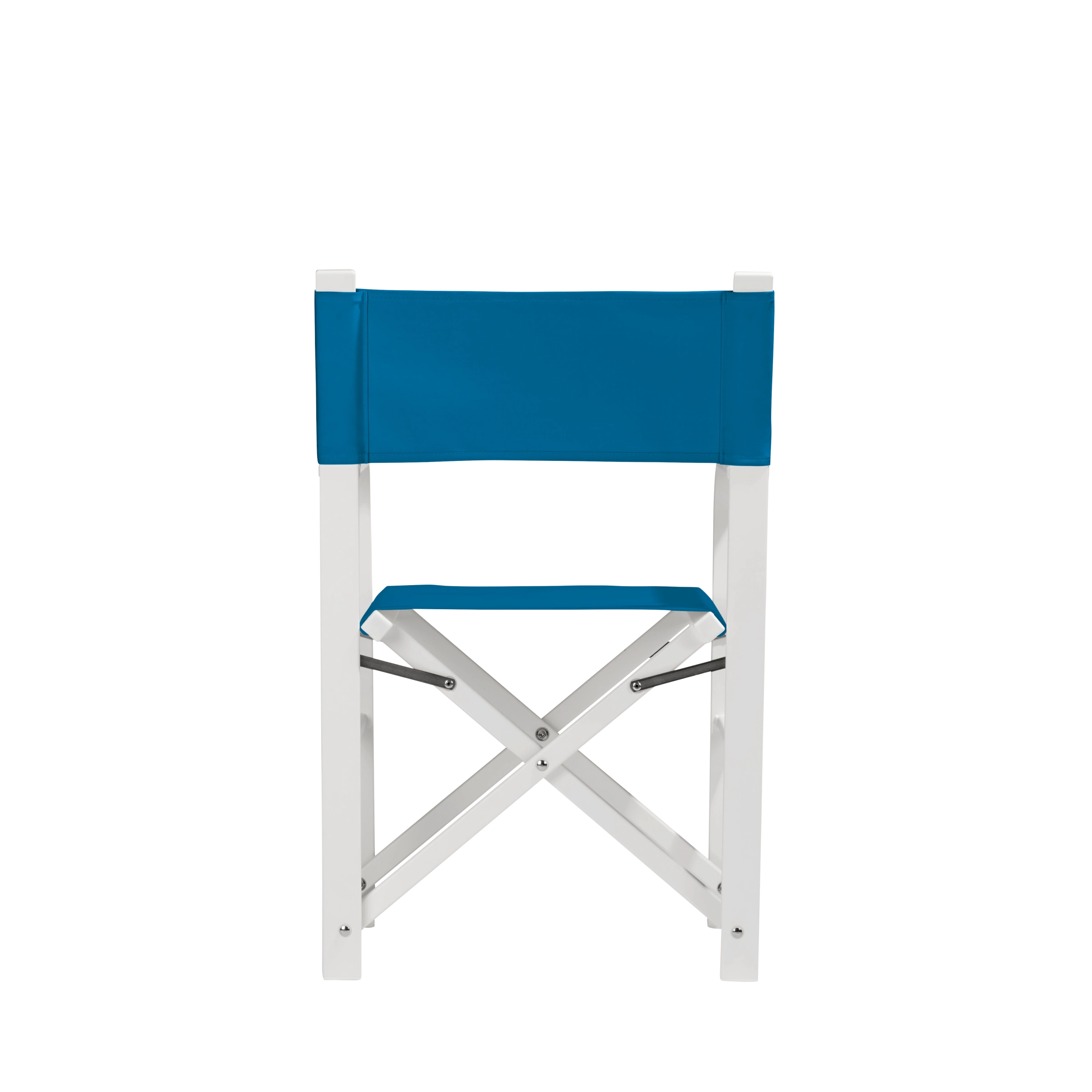 Regiestuhl Sofia aus weißem Aluminium mit blauem Bezug, Rückansicht
#Alu | Set (Farbe)_blau