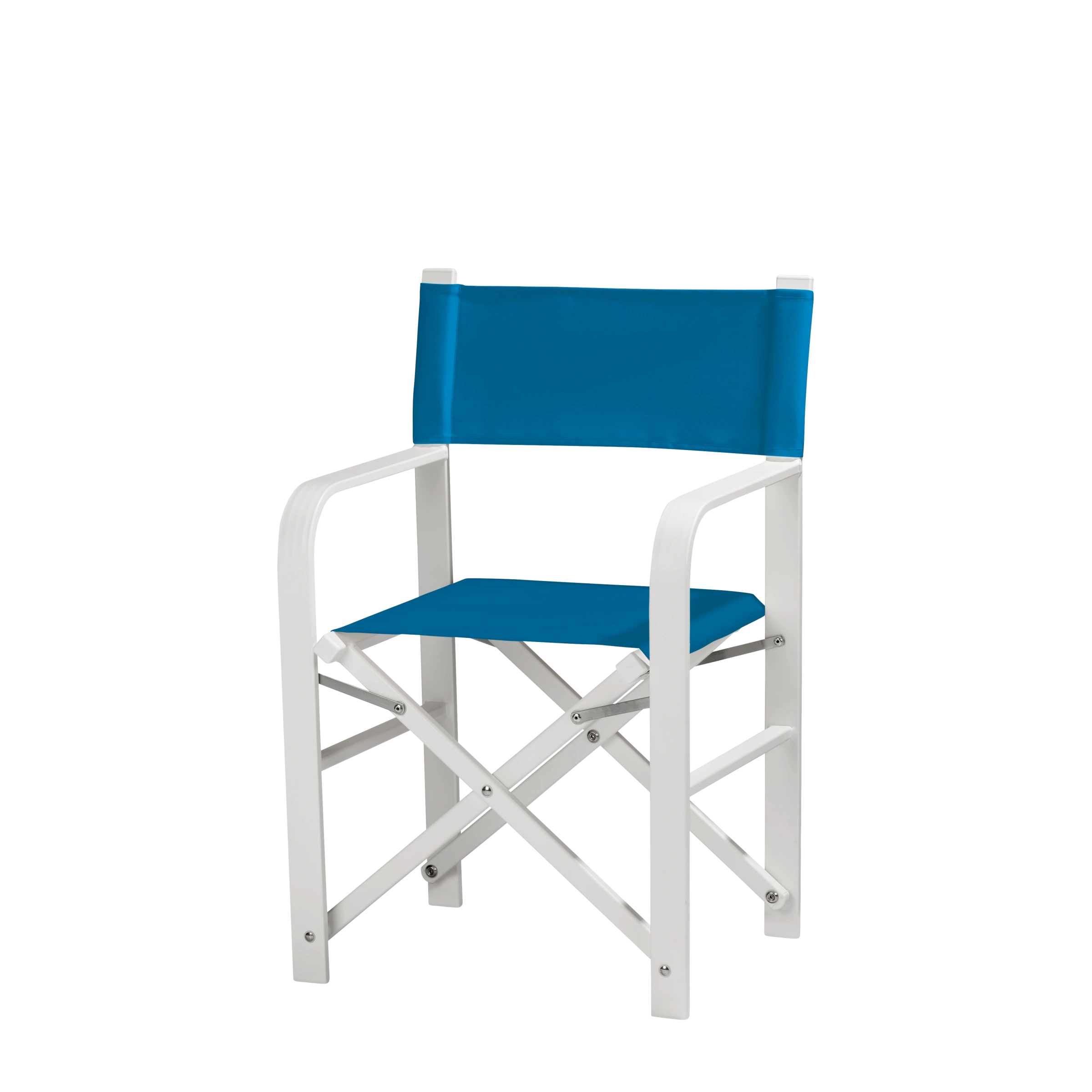 Regiestuhl Sofia aus weißem Aluminium mit blauem Bezug, Seitenansicht
#Alu | Set (Farbe)_blau