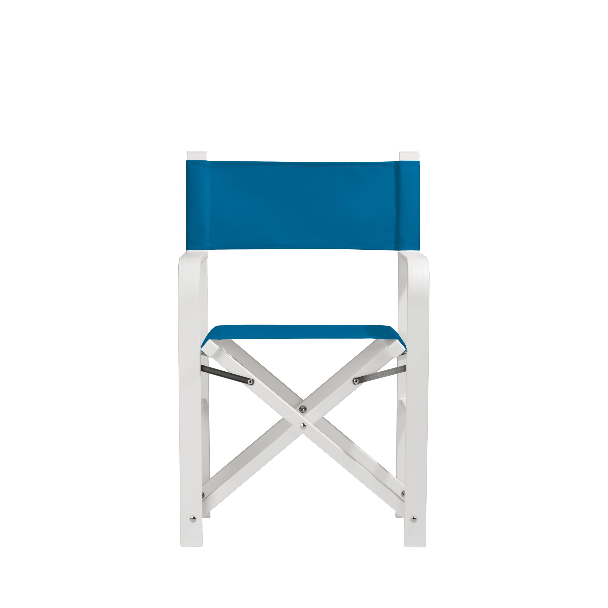 Regiestuhl Sofia aus weißem Aluminium mit blauem Bezug, Frontalansicht
#Alu | Set (Farbe)_blau