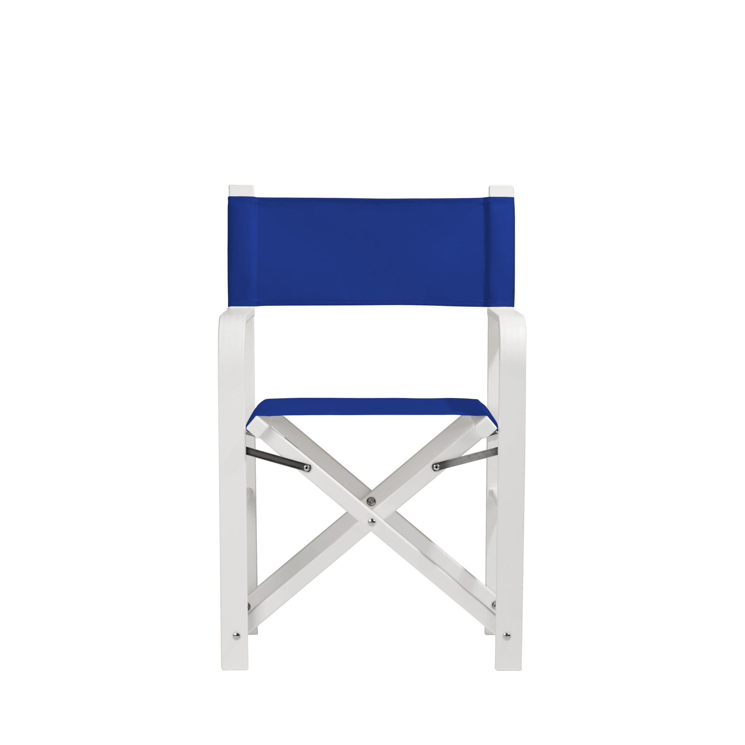 Regiestuhl Sofia aus weißem Aluminium mit dunkelblauem Bezug, Frontalansicht
#Alu | Set (Farbe)_dunkelblau