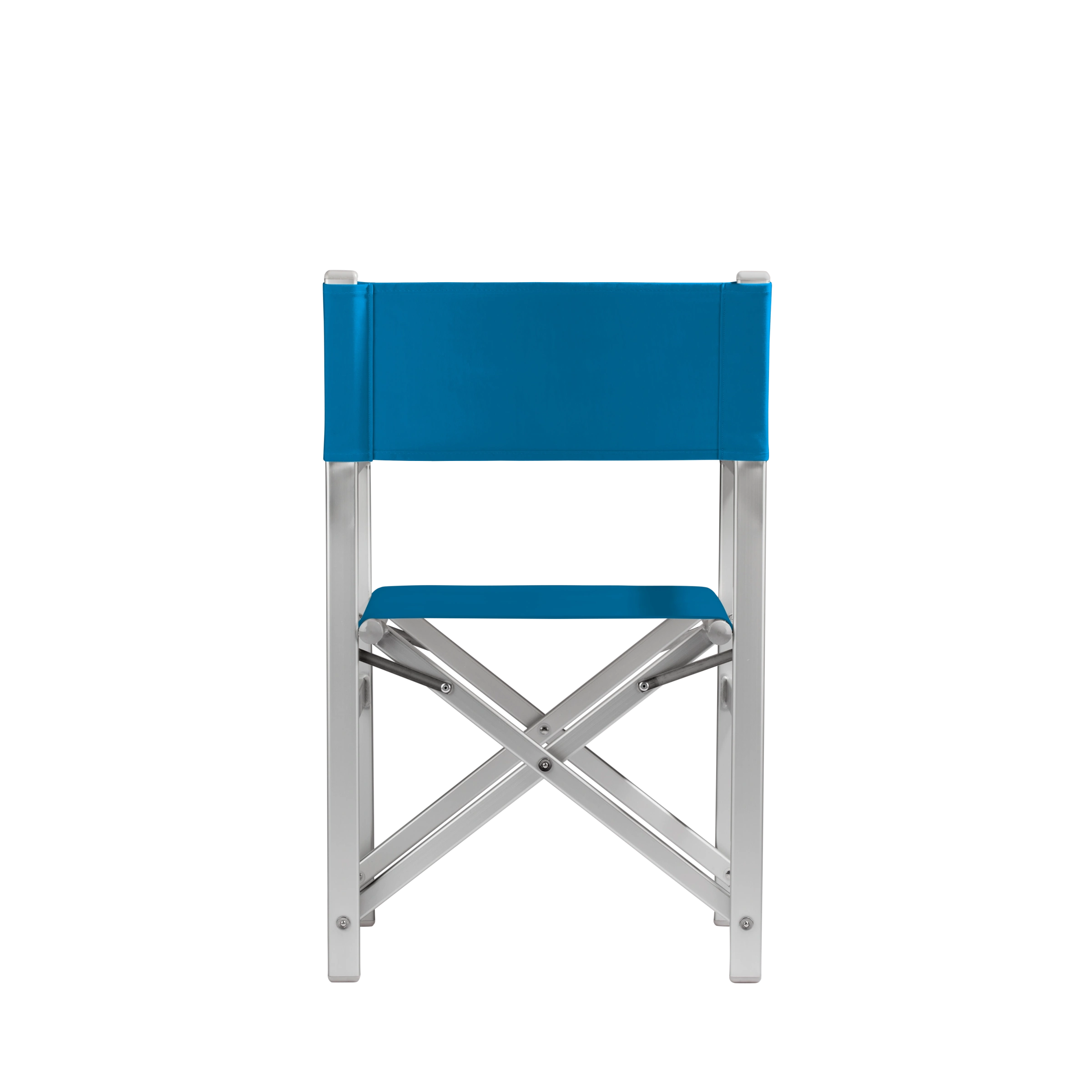 Regiestuhl Stanley aus silbernem Aluminium mit blauem Bezug, Rückansicht
#Alu | Set (Farbe)_blau