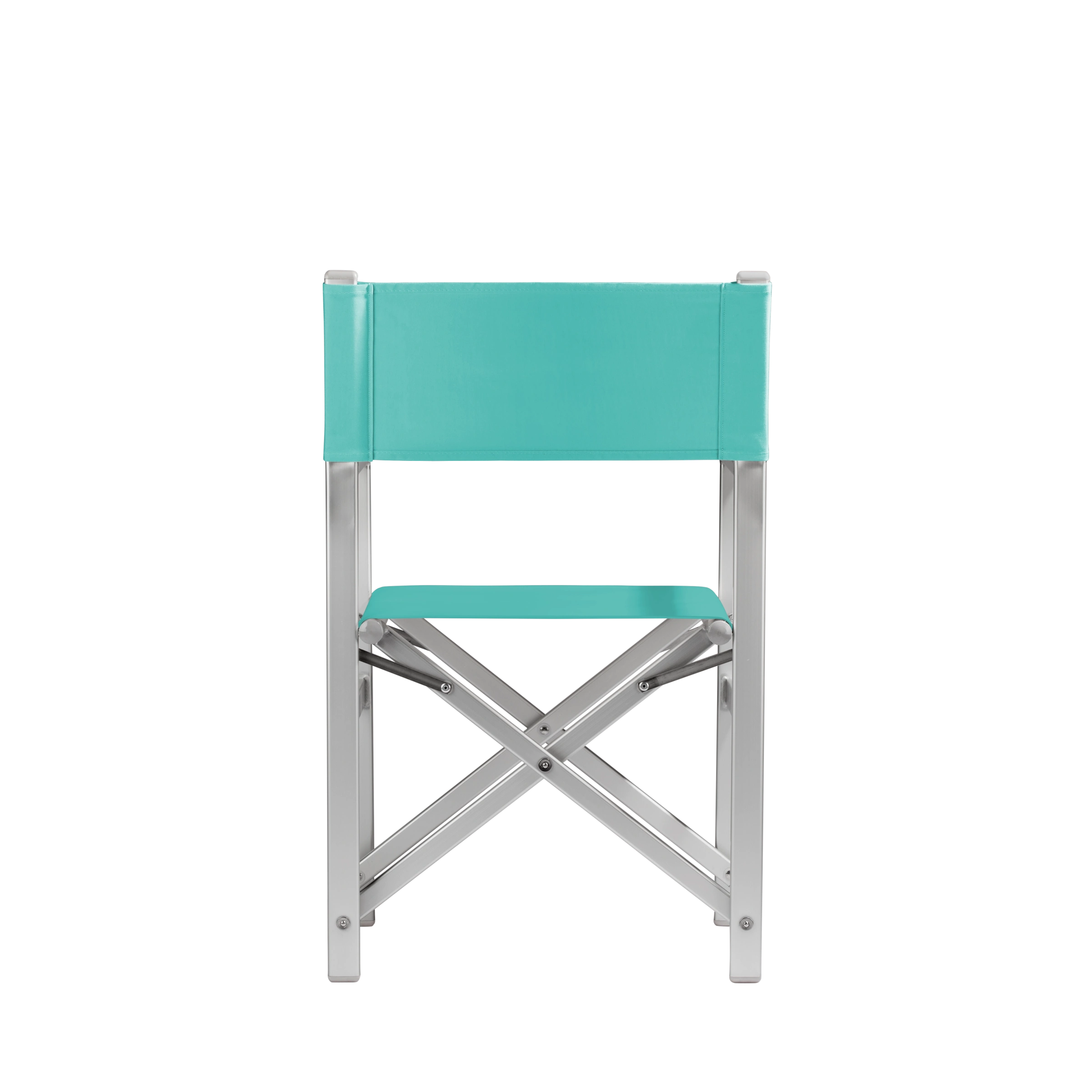Regiestuhl Stanley aus silbernem Aluminium mit türkisem Bezug, Rückansicht
#Alu | Set (Farbe)_türkis