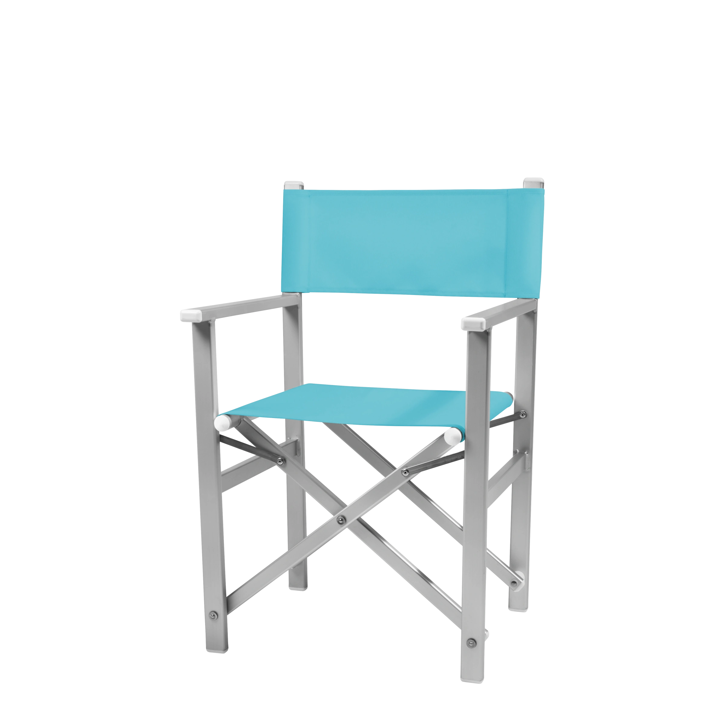 Regiestuhl Stanley aus silbernem Aluminium mit hellblauem Bezug, Seitenansicht
#Alu | Set (Farbe)_hellblau