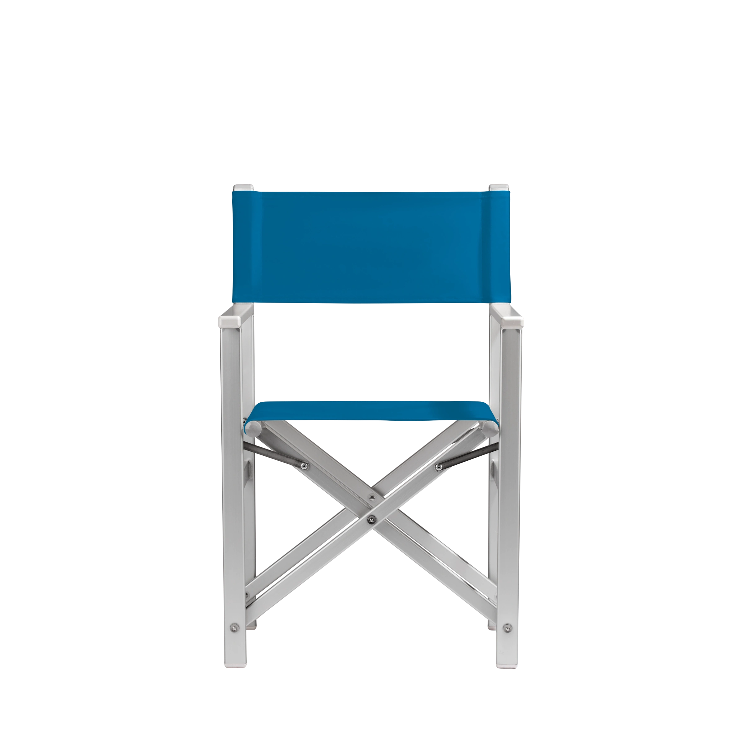 Regiestuhl Stanley aus silbernem Aluminium mit blauem Bezug, Frontalansicht
#Alu | Set (Farbe)_blau