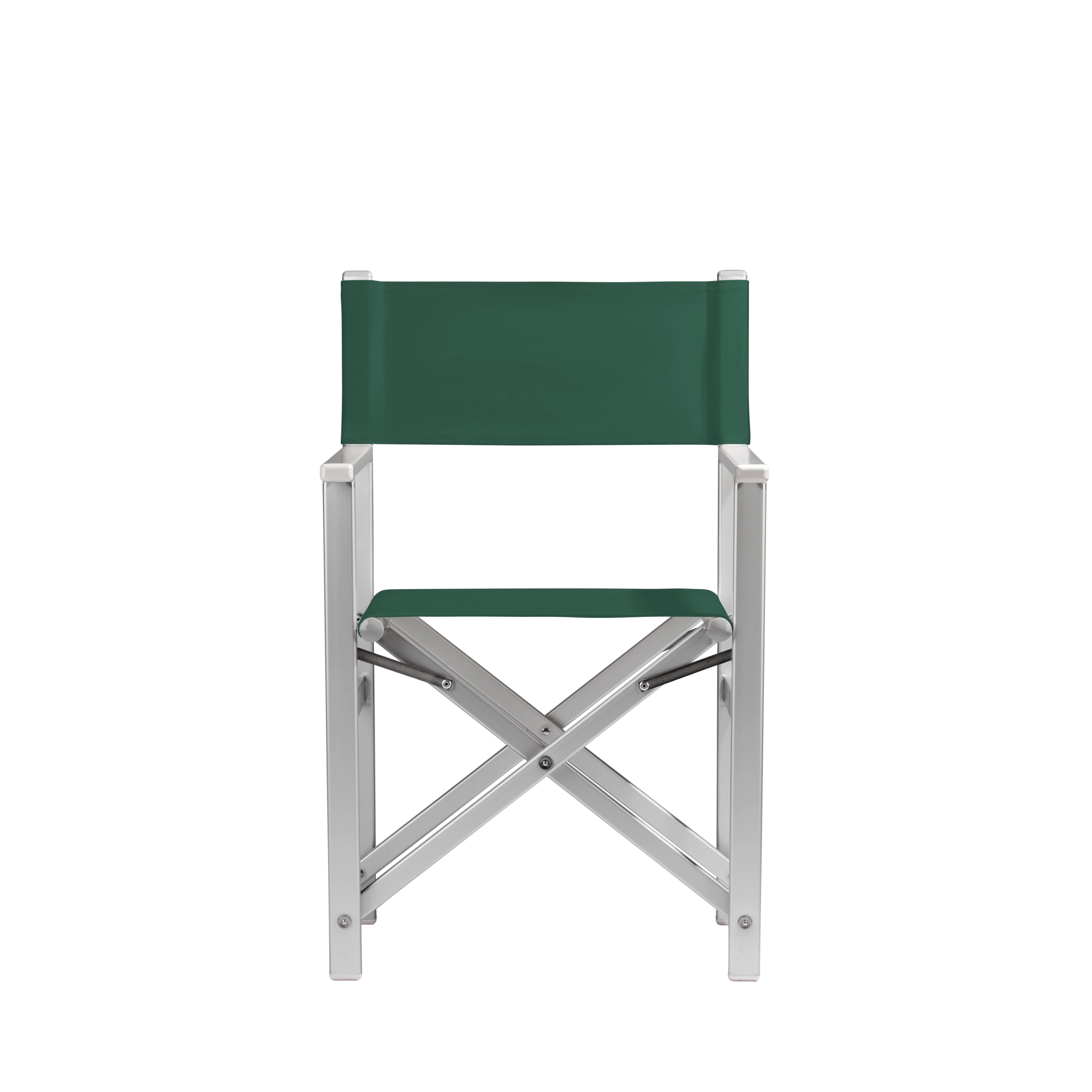 Regiestuhl Stanley aus silbernem Aluminium mit dunkelgrünem Bezug, Frontalansicht
#Alu | Set (Farbe)_dunkelgrün