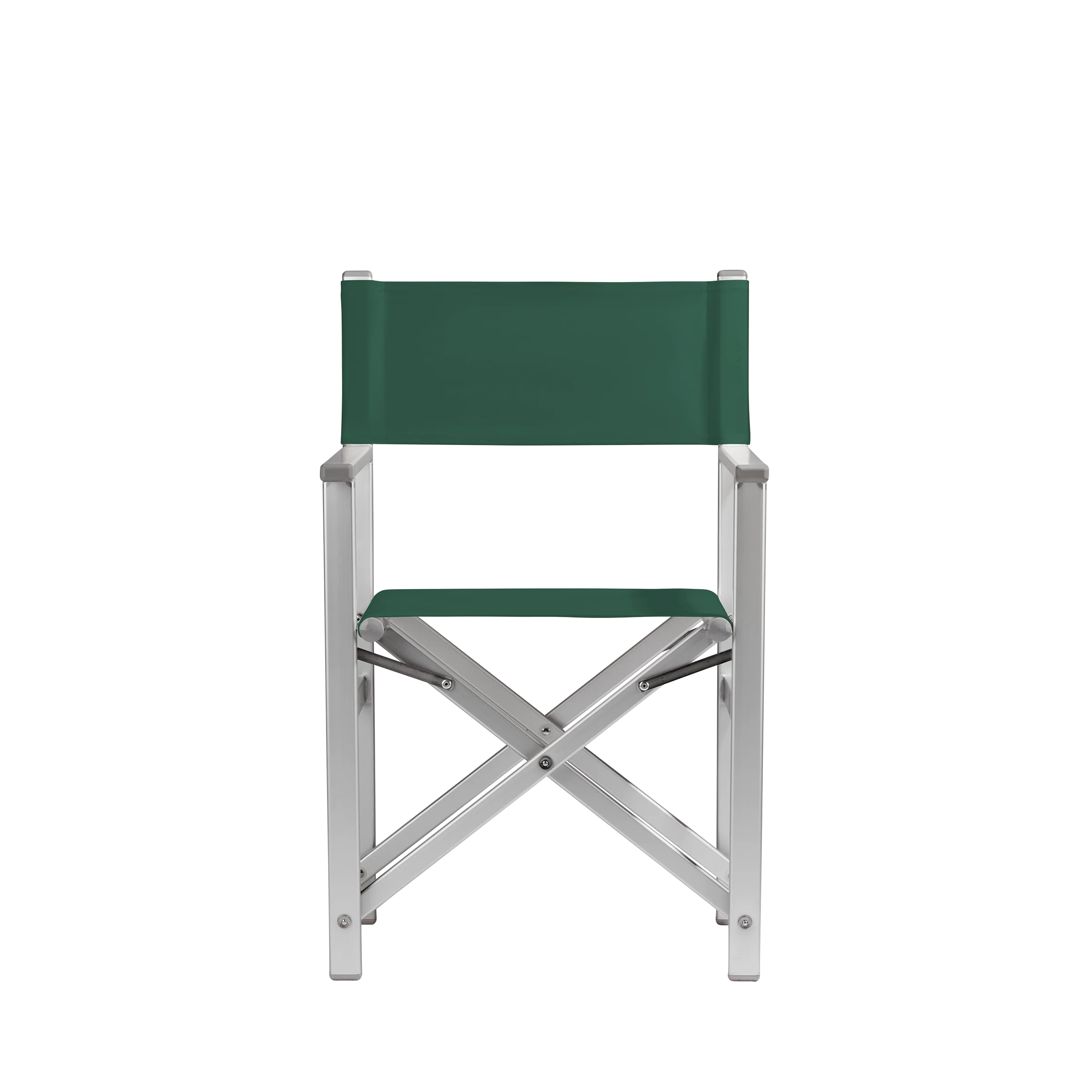 Regiestuhl Stanley aus silbernem Aluminium mit dunkelgrünem Bezug, Frontalansicht
#Alu | Set (Farbe)_dunkelgrün