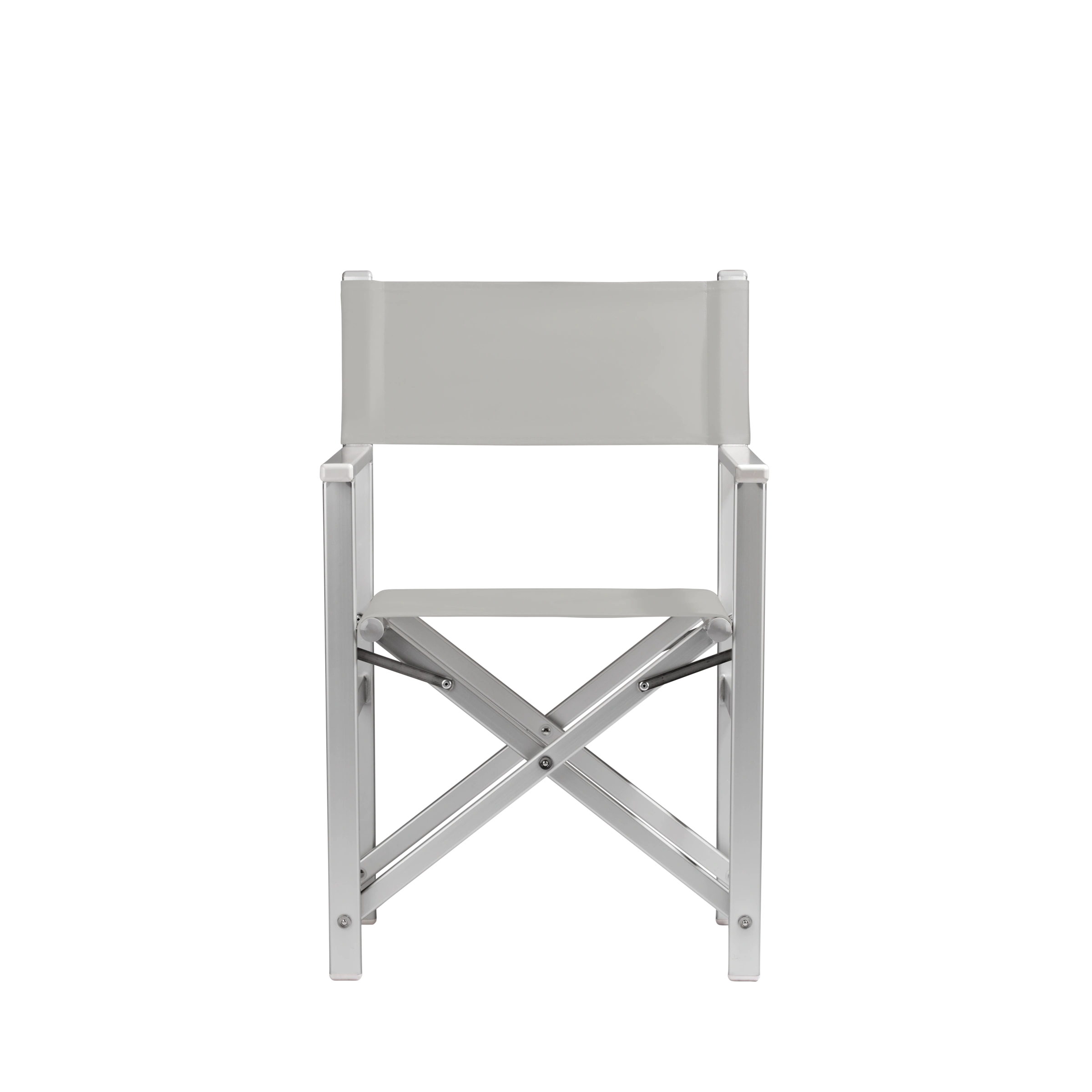 Regiestuhl Stanley aus silbernem Aluminium mit hellgrauem Bezug, Frontalansicht
#Alu | Set (Farbe)_hellgrau