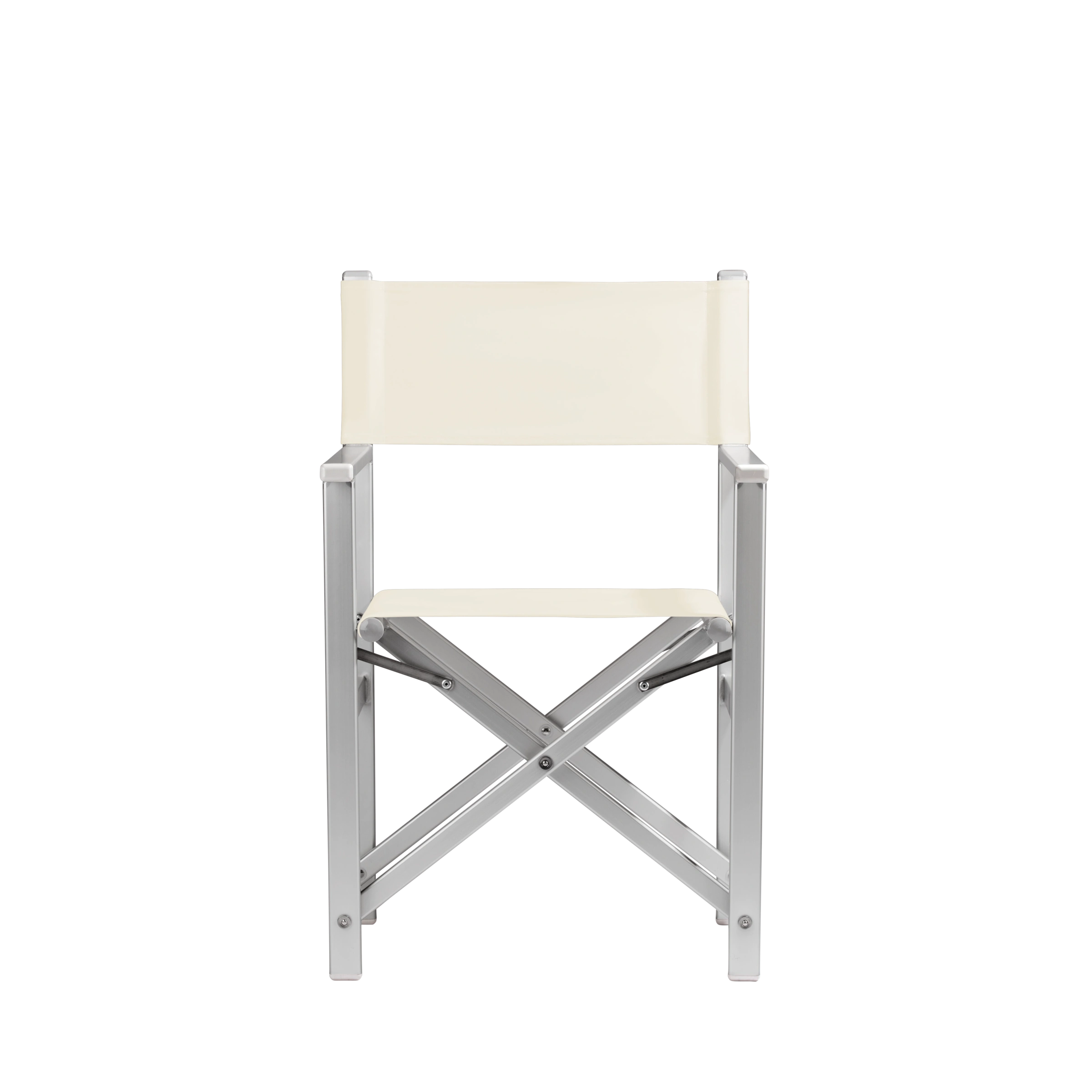 Regiestuhl Stanley aus silbernem Aluminium mit naturfarbenem Bezug, Frontalansicht
#Alu | Set (Farbe)_natur