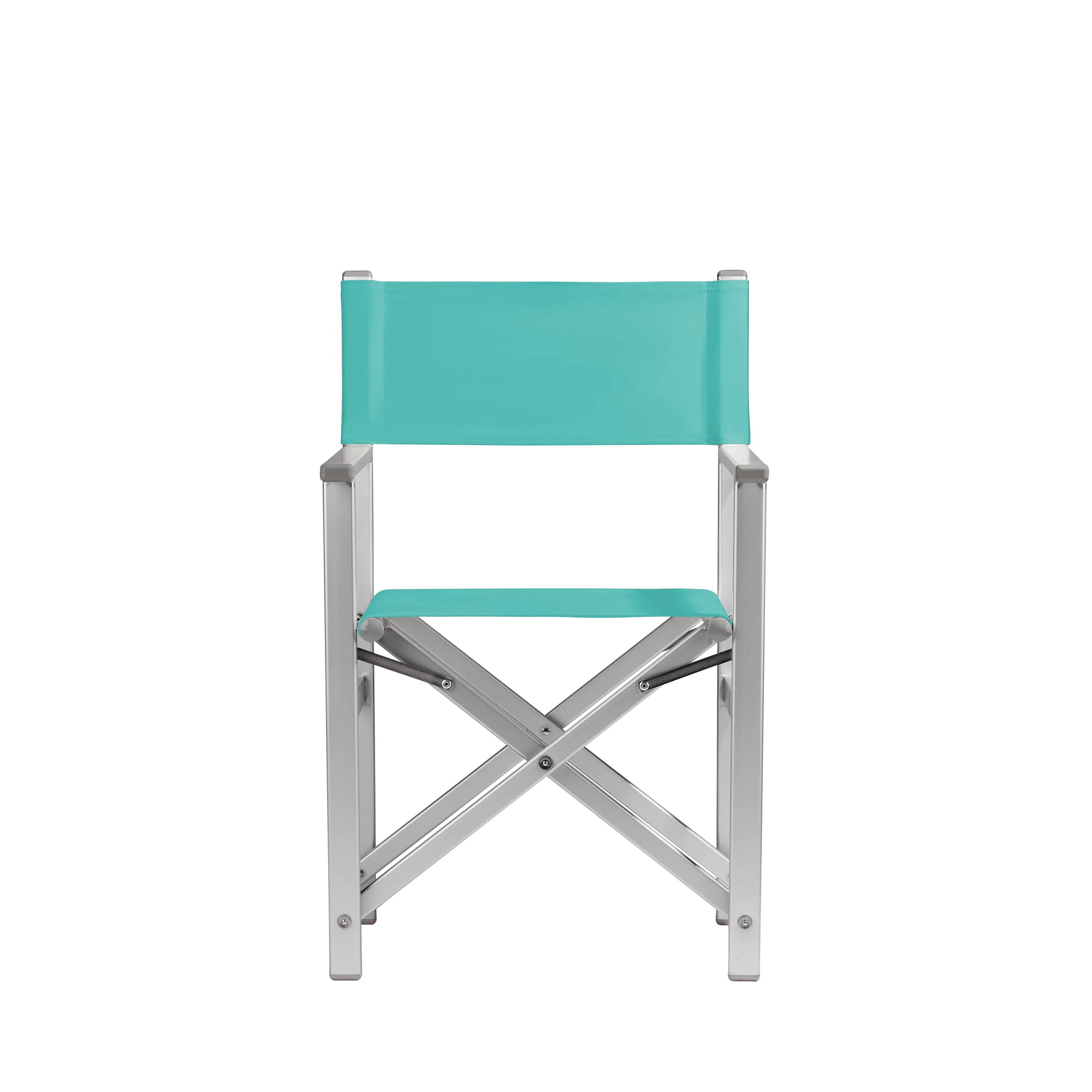 Regiestuhl Stanley aus silbernem Aluminium mit türkisem Bezug, Frontalansicht
#Alu | Set (Farbe)_türkis