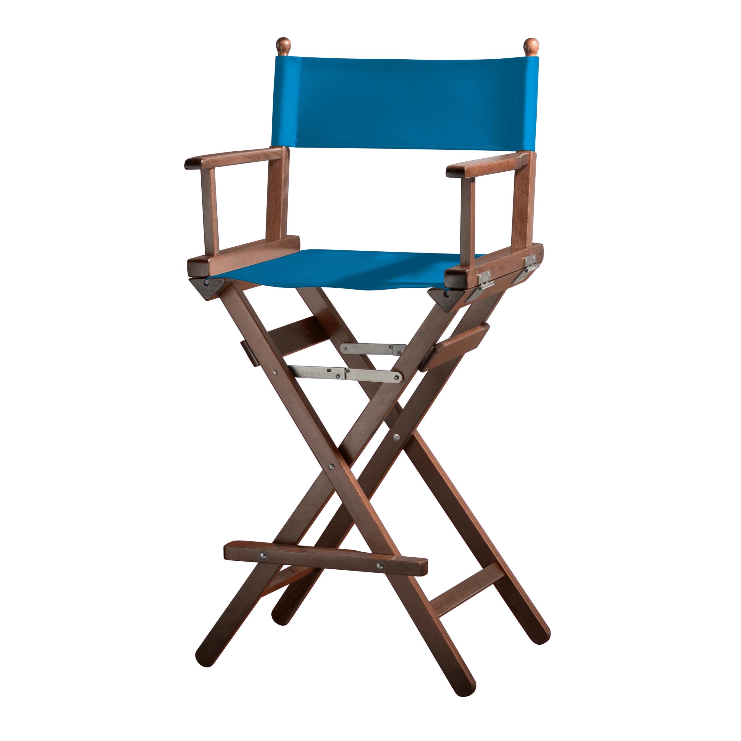 Regiestuhl Steven aus braunem Buchenholz mit blauem Bezug, Seitenansicht
#Classic | Set (Farbe)_blau