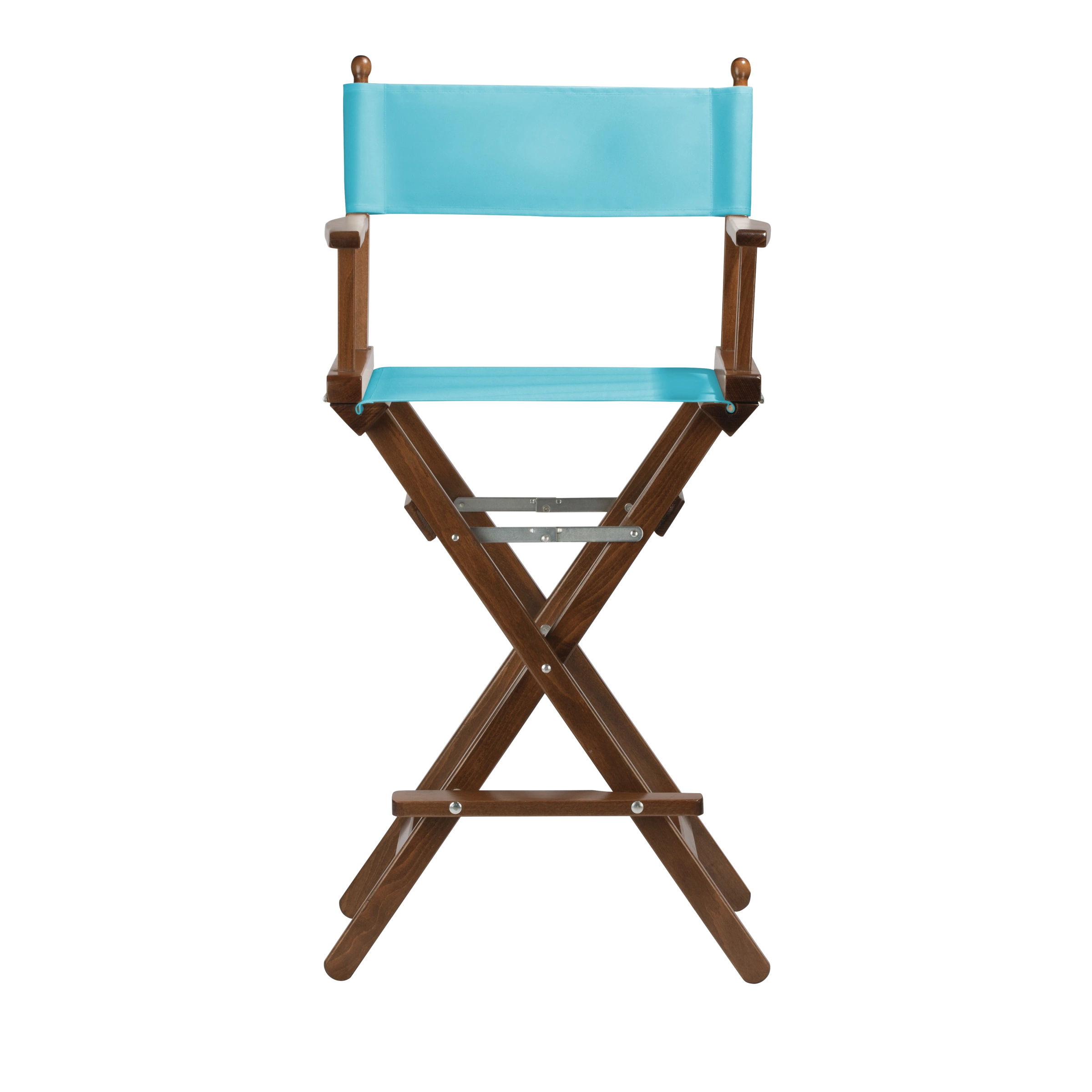 Regiestuhl Steven aus braunem Buchenholz mit hellblauem Bezug, Frontalansicht
#Classic | Set (Farbe)_hellblau