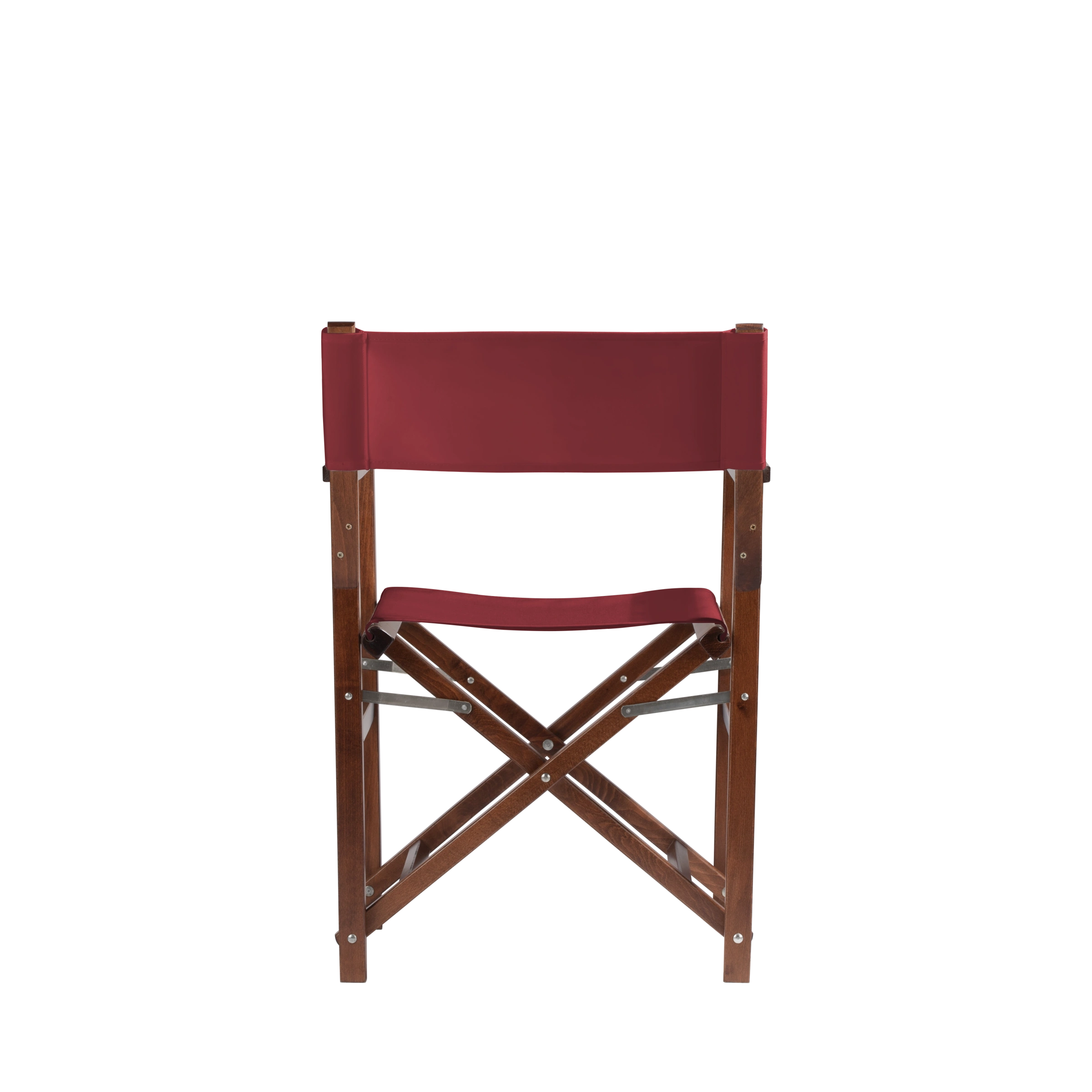 Regiestuhl Woody aus braunem Buchenholz mit Bezug in bordeaux, Rückansicht
#Classic | Set (Farbe)_bordeaux