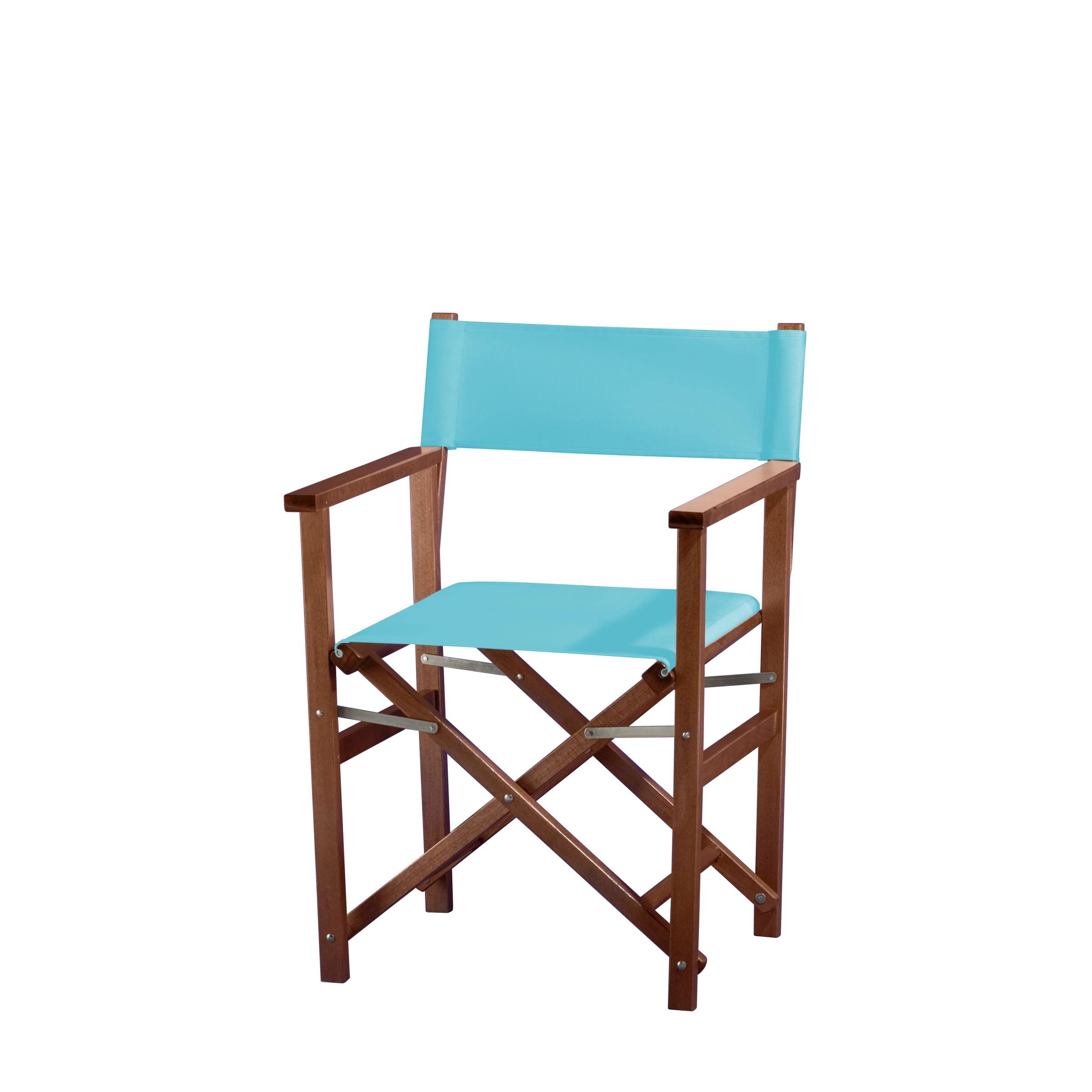 Regiestuhl Woody aus braunem Buchenholz mit hellblauem Bezug, Seitenansicht
#Classic | Set (Farbe)_hellblau