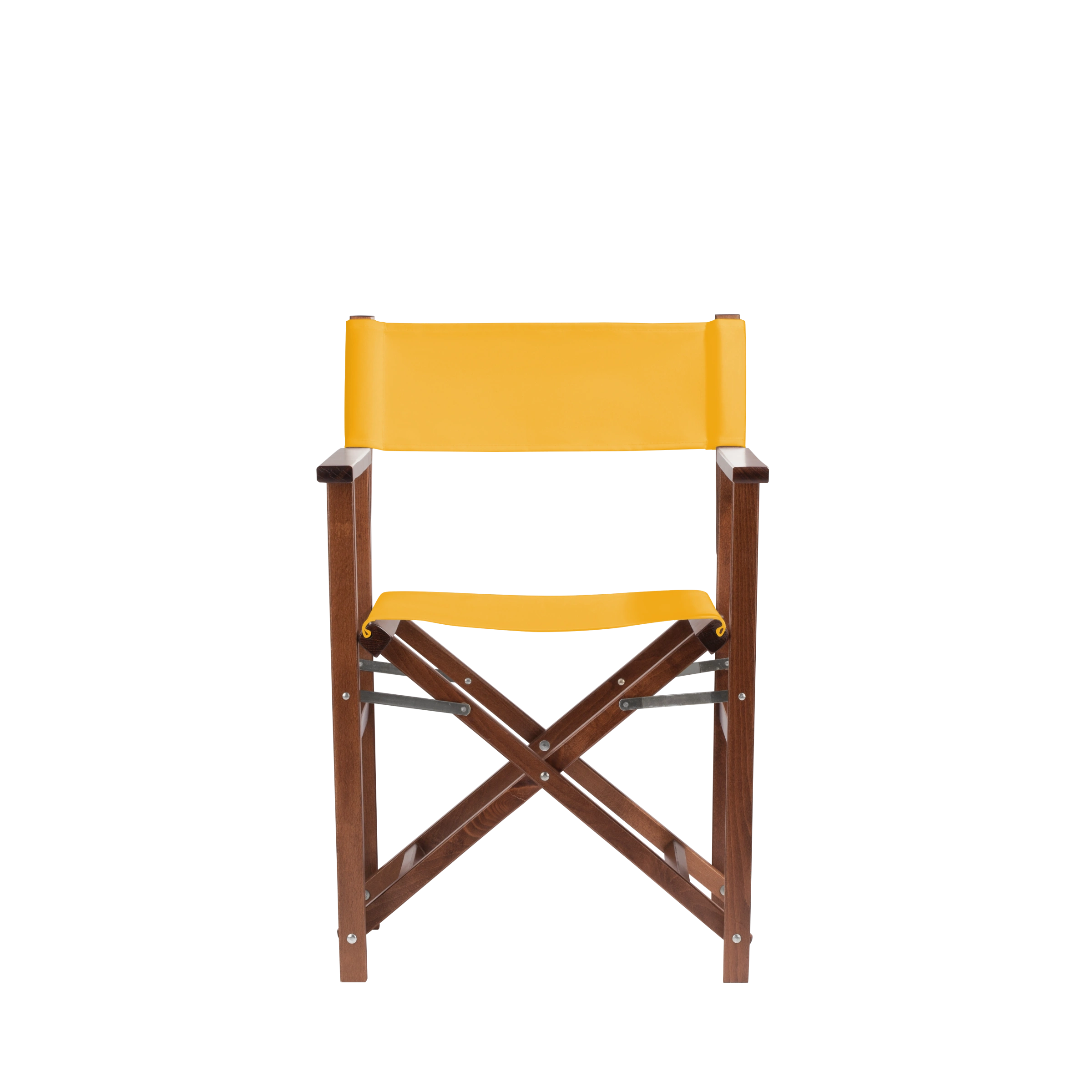 Regiestuhl Woody aus braunem Buchenholz mit gelbem Bezug, Frontalansicht
#Classic | Set (Farbe)_gelb