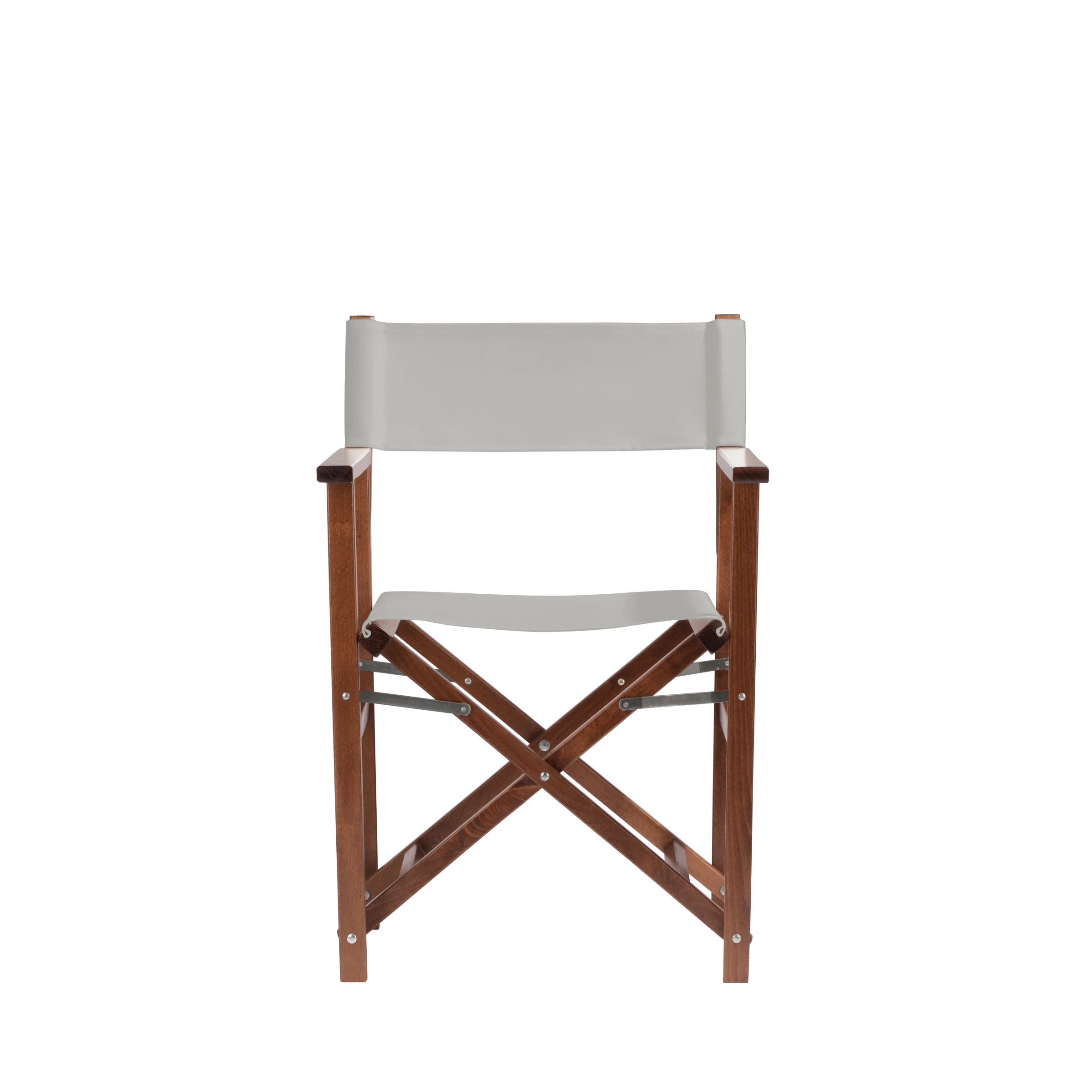 Regiestuhl Woody aus braunem Buchenholz mit hellgrauem Bezug, Frontalansicht
#Classic | Set (Farbe)_hellgrau