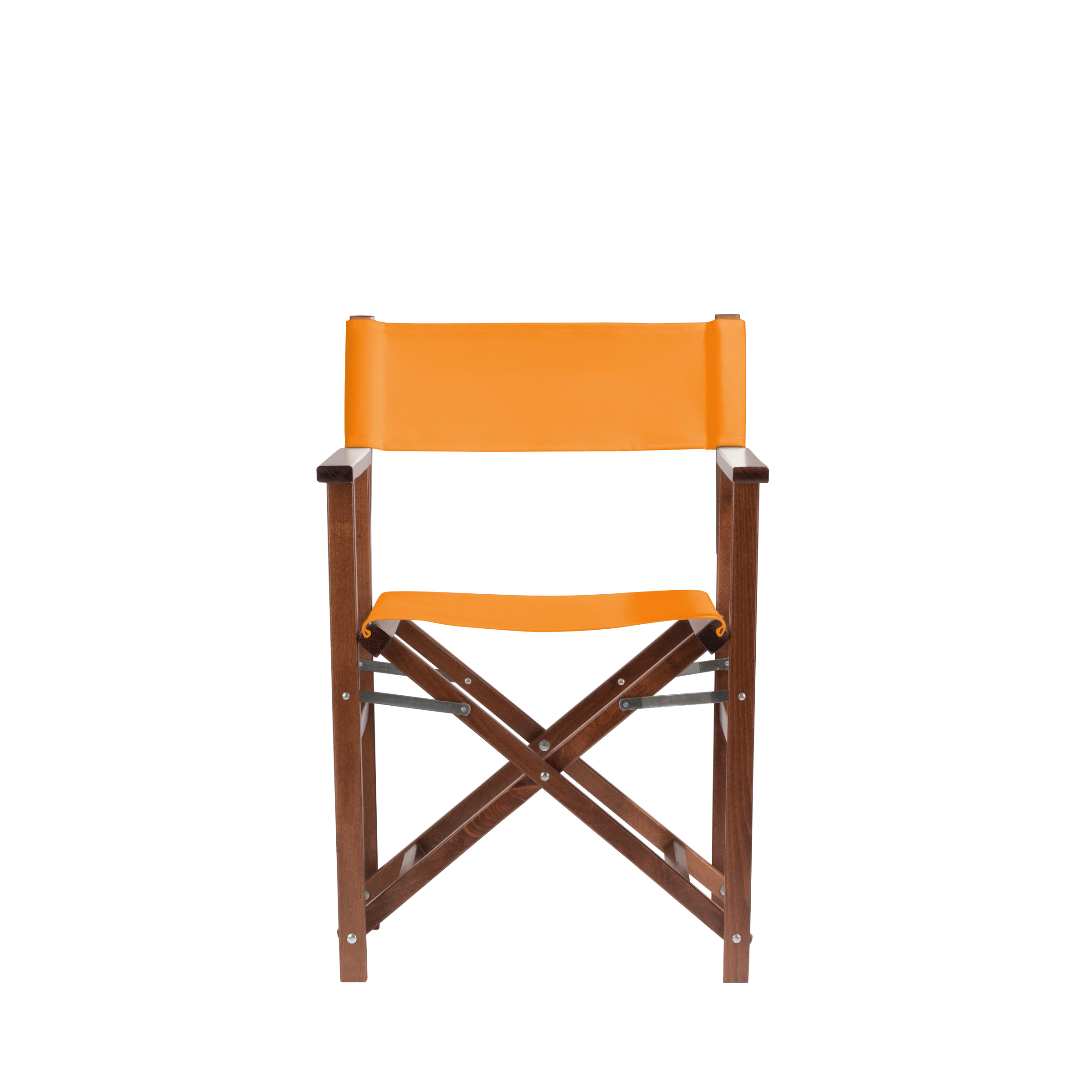Regiestuhl Woody aus braunem Buchenholz mit Bezug in mandarine, Frontalansicht
#Classic | Set (Farbe)_mandarine