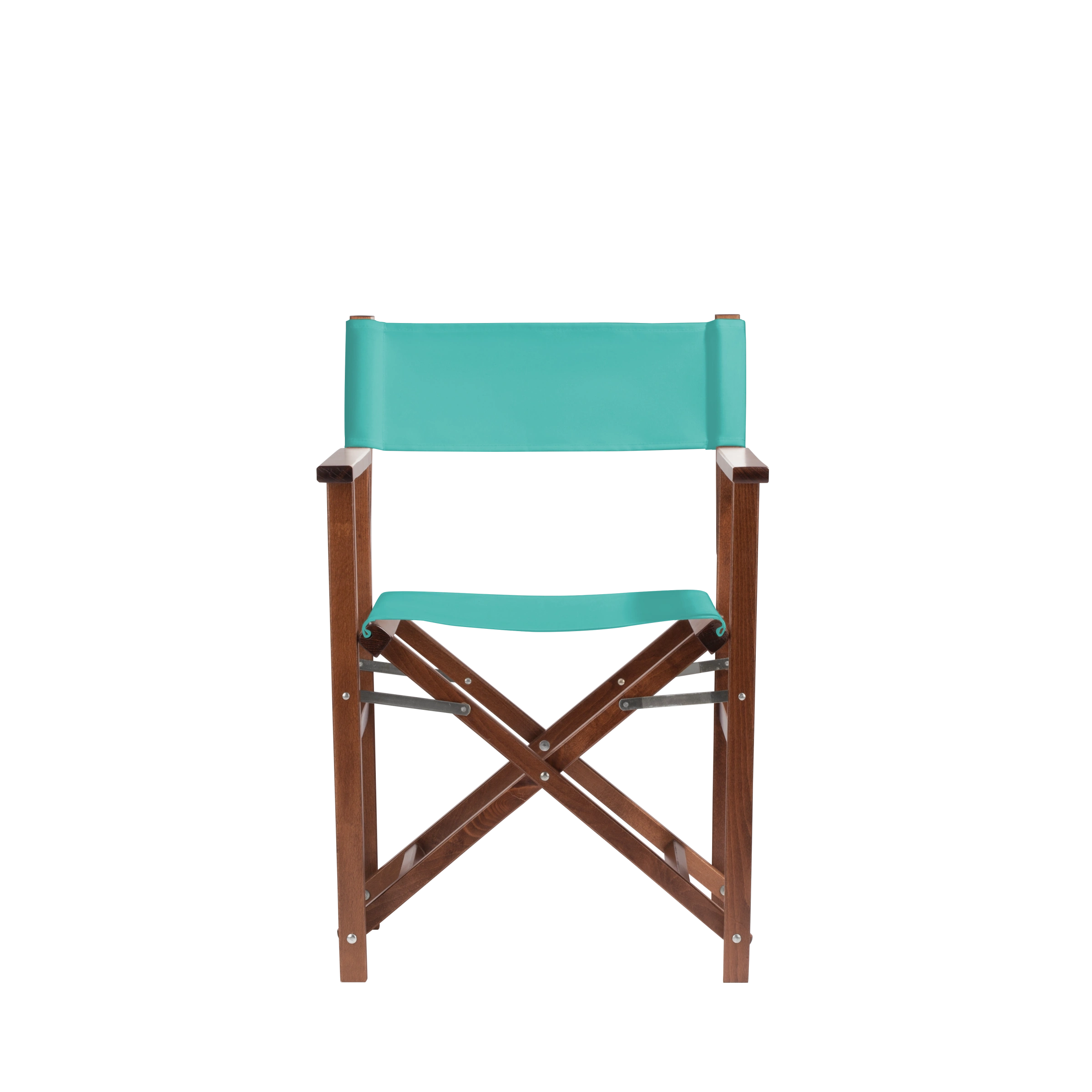 Regiestuhl Woody aus braunem Buchenholz mit türkisem Bezug, Frontalansicht
#Classic | Set (Farbe)_türkis