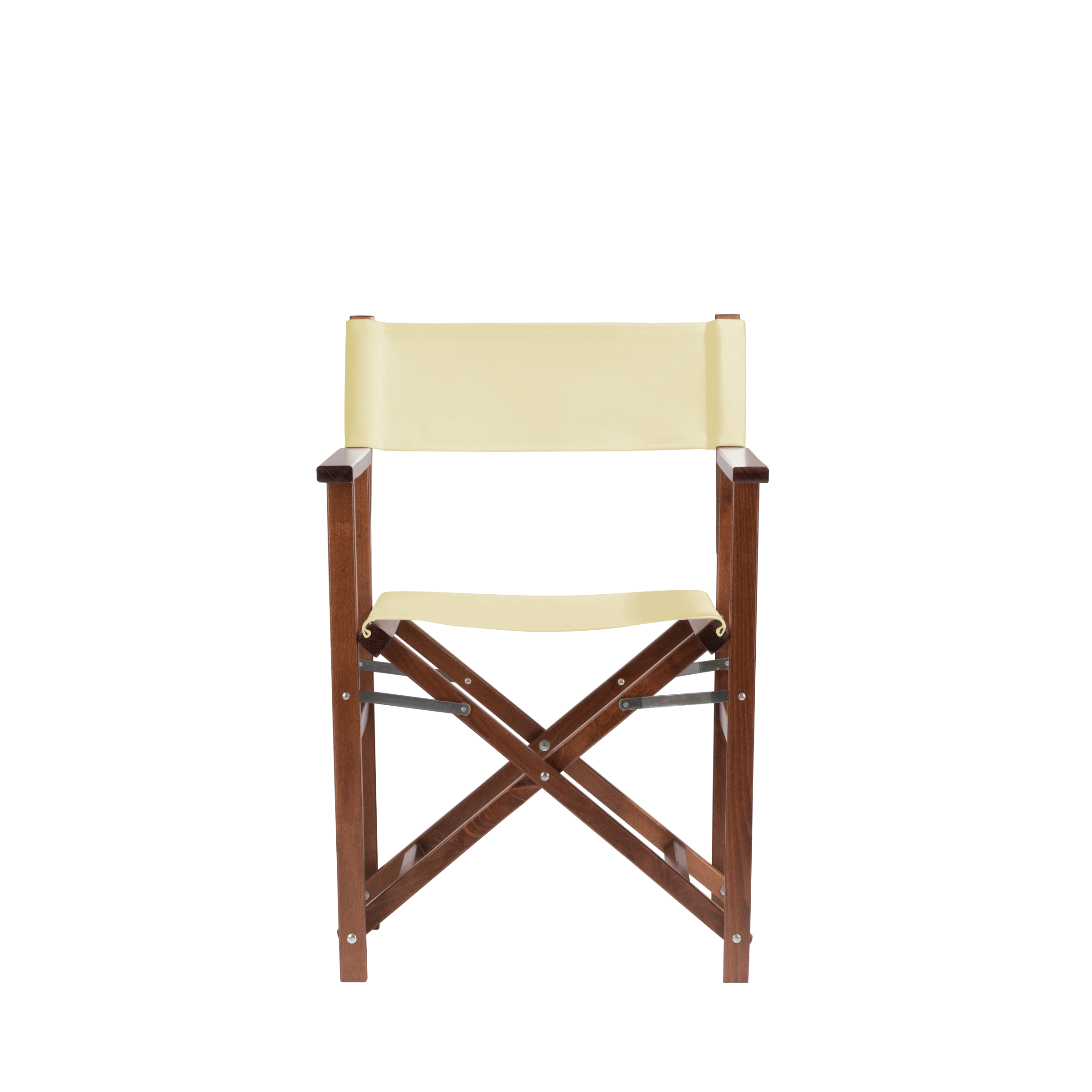 Regiestuhl Woody aus braunem Buchenholz mit Bezug in vanille, Frontalansicht
#Classic | Set (Farbe)_vanille