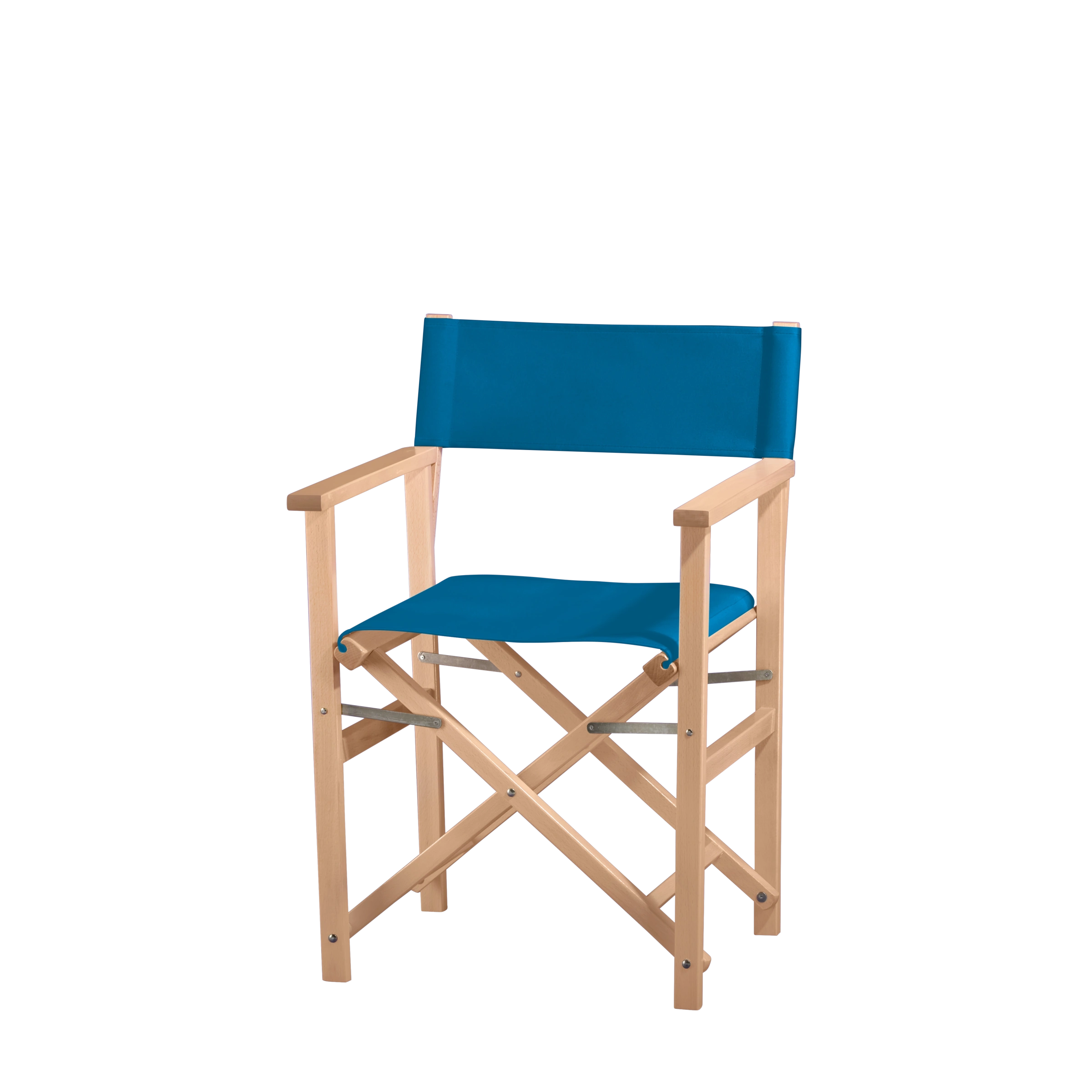 Regiestuhl Woody aus naturfarbenem Buchenholz mit blauem Bezug, Seitenansicht
#Classic | Set (Farbe)_blau