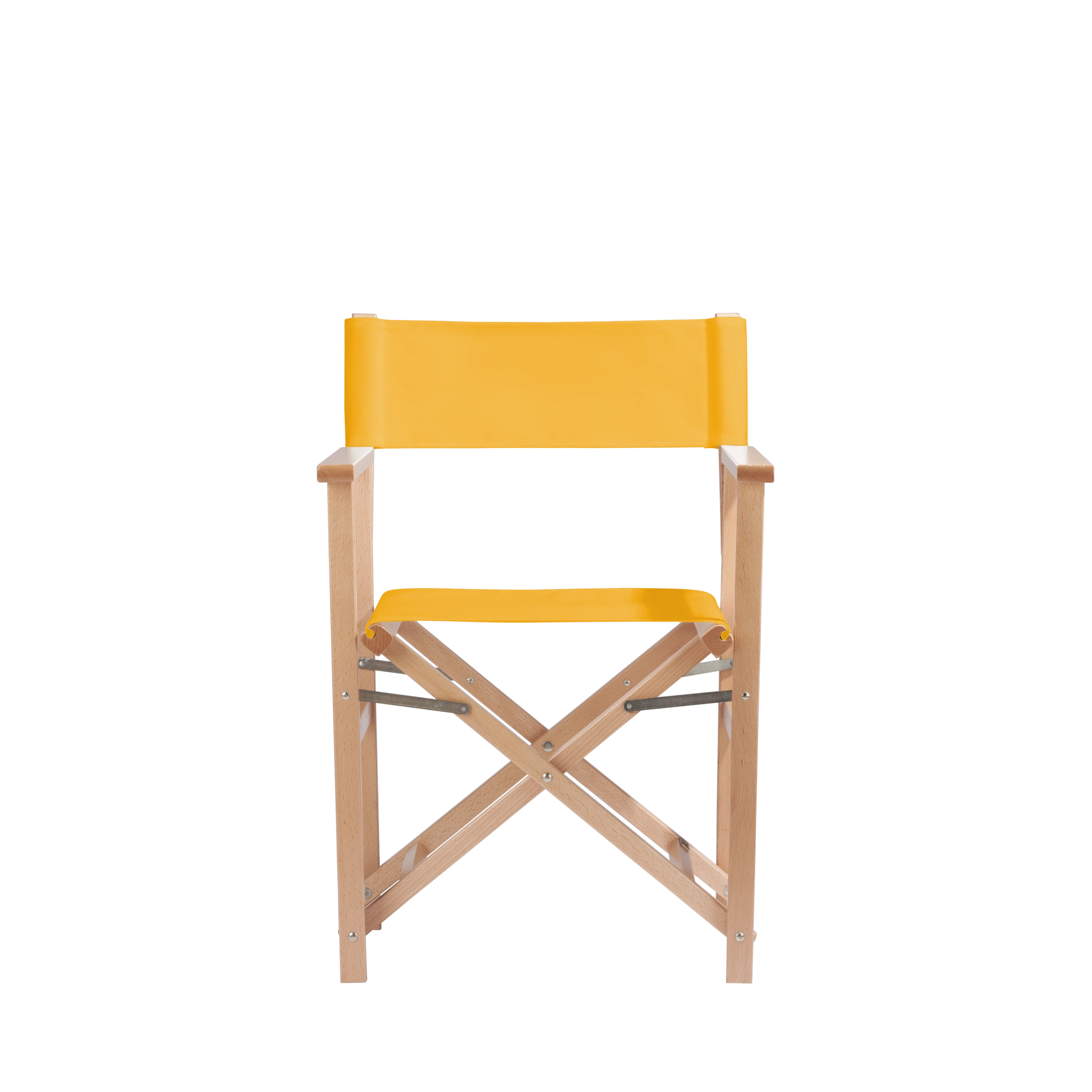 Regiestuhl Woody aus naturfarbenem Buchenholz mit gelbem Bezug, Frontalansicht
#Classic | Set (Farbe)_gelb