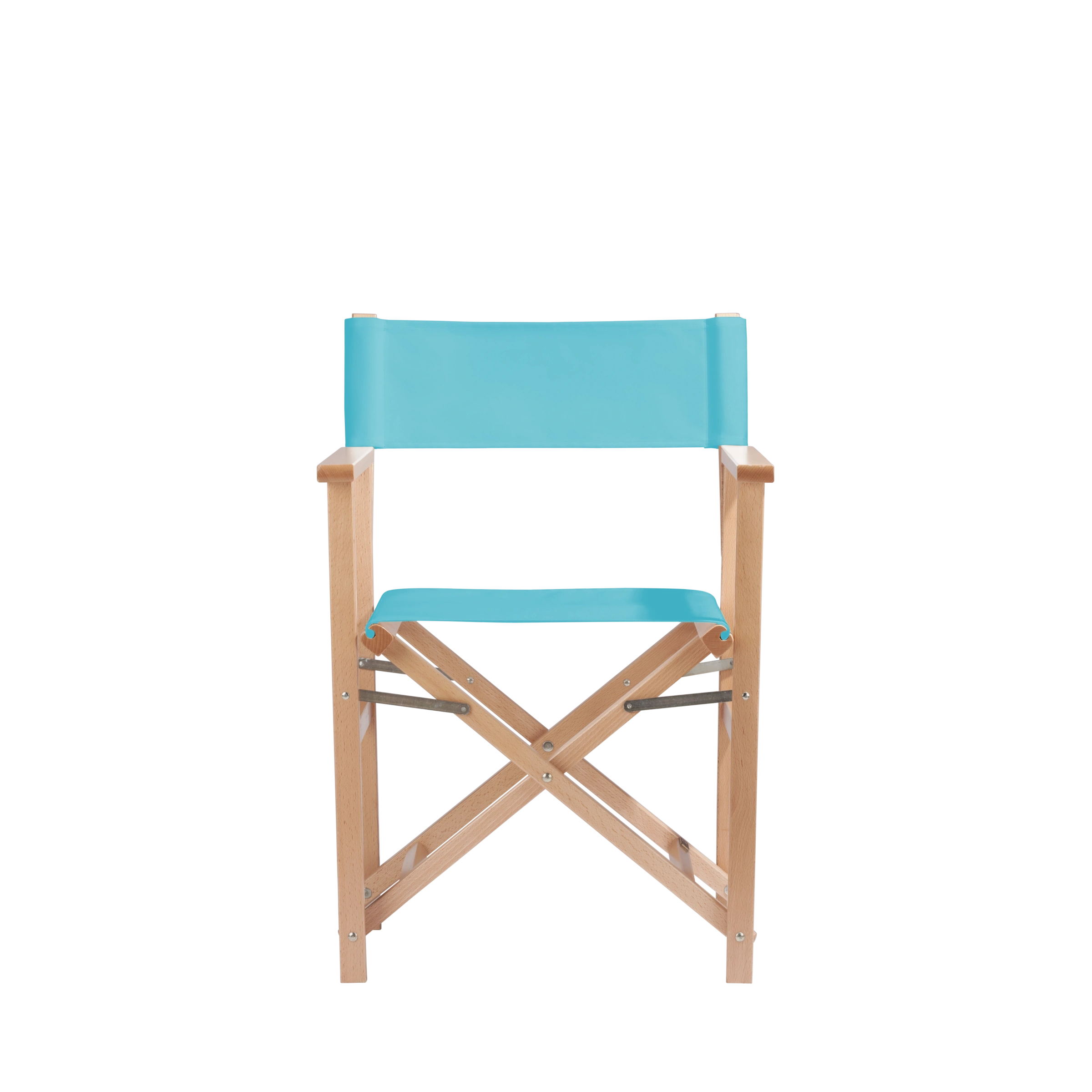 Regiestuhl Woody aus naturfarbenem Buchenholz mit hellblauem Bezug, Frontalansicht
#Classic | Set (Farbe)_hellblau