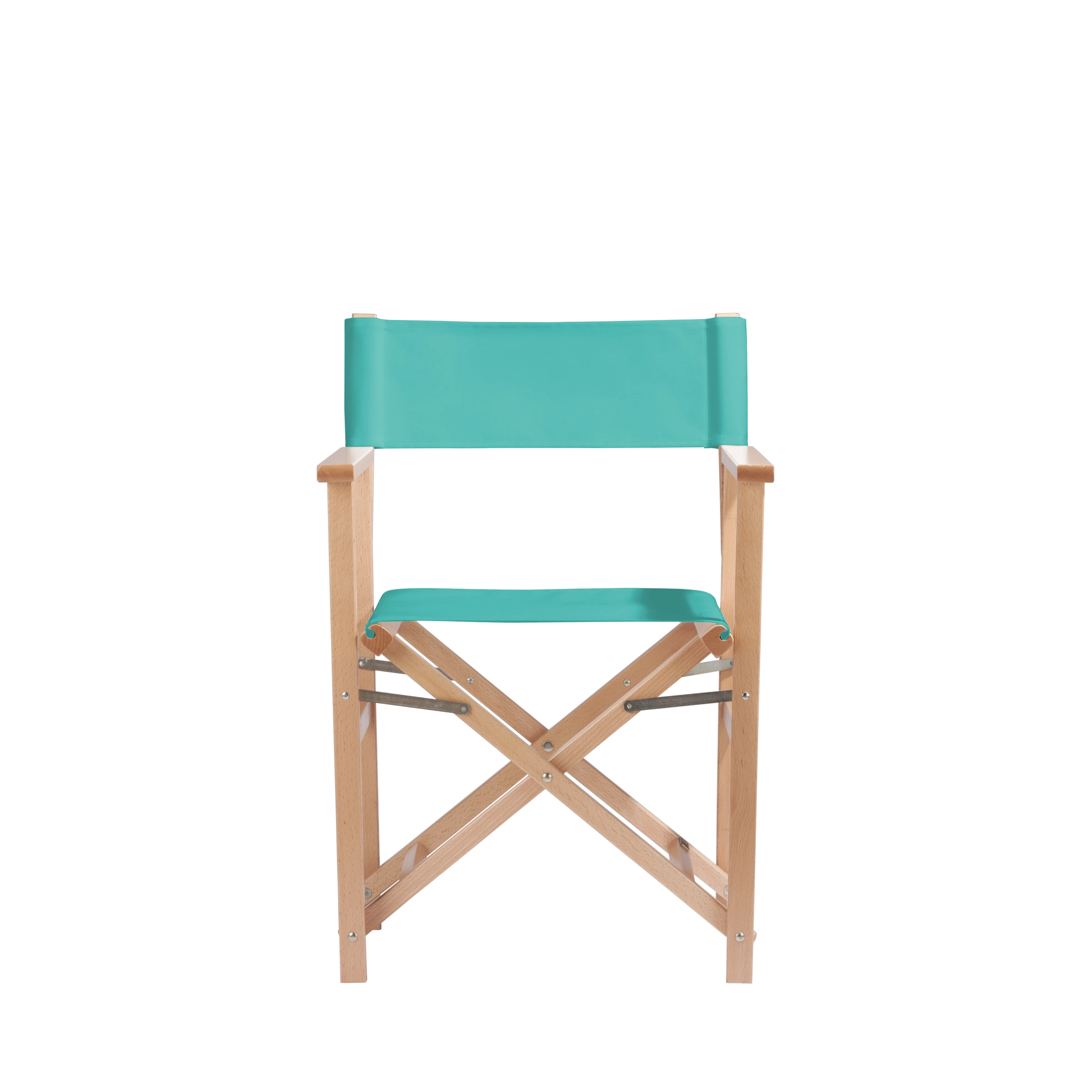 Regiestuhl Woody aus naturfarbenem Buchenholz mit türkisem Bezug, Frontalansicht
#Classic | Set (Farbe)_türkis