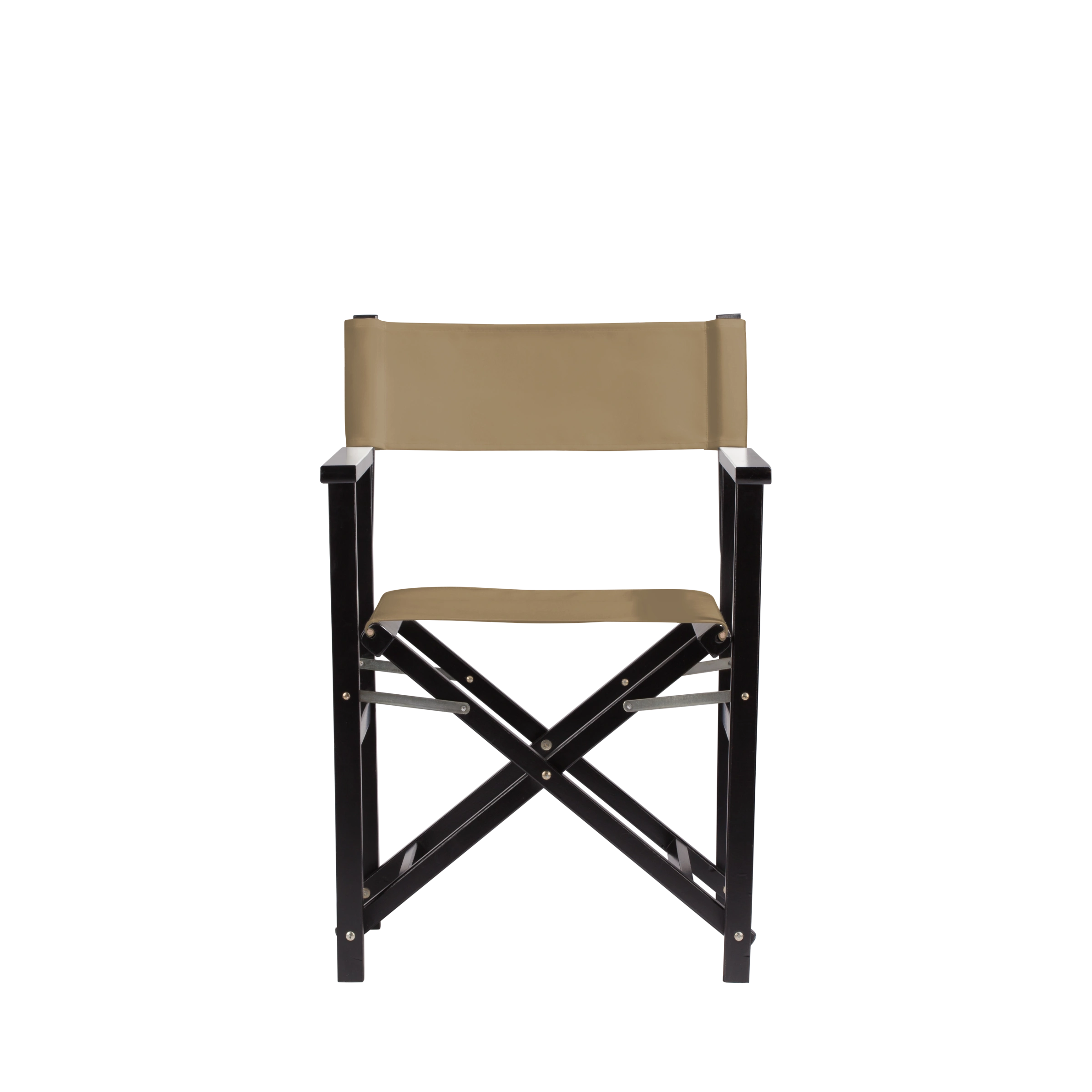 Regiestuhl Woody aus schwarzem Buchenholz mit Bezug in grau-beige, Frontalansicht
#Classic | Set (Farbe)_grau-beige