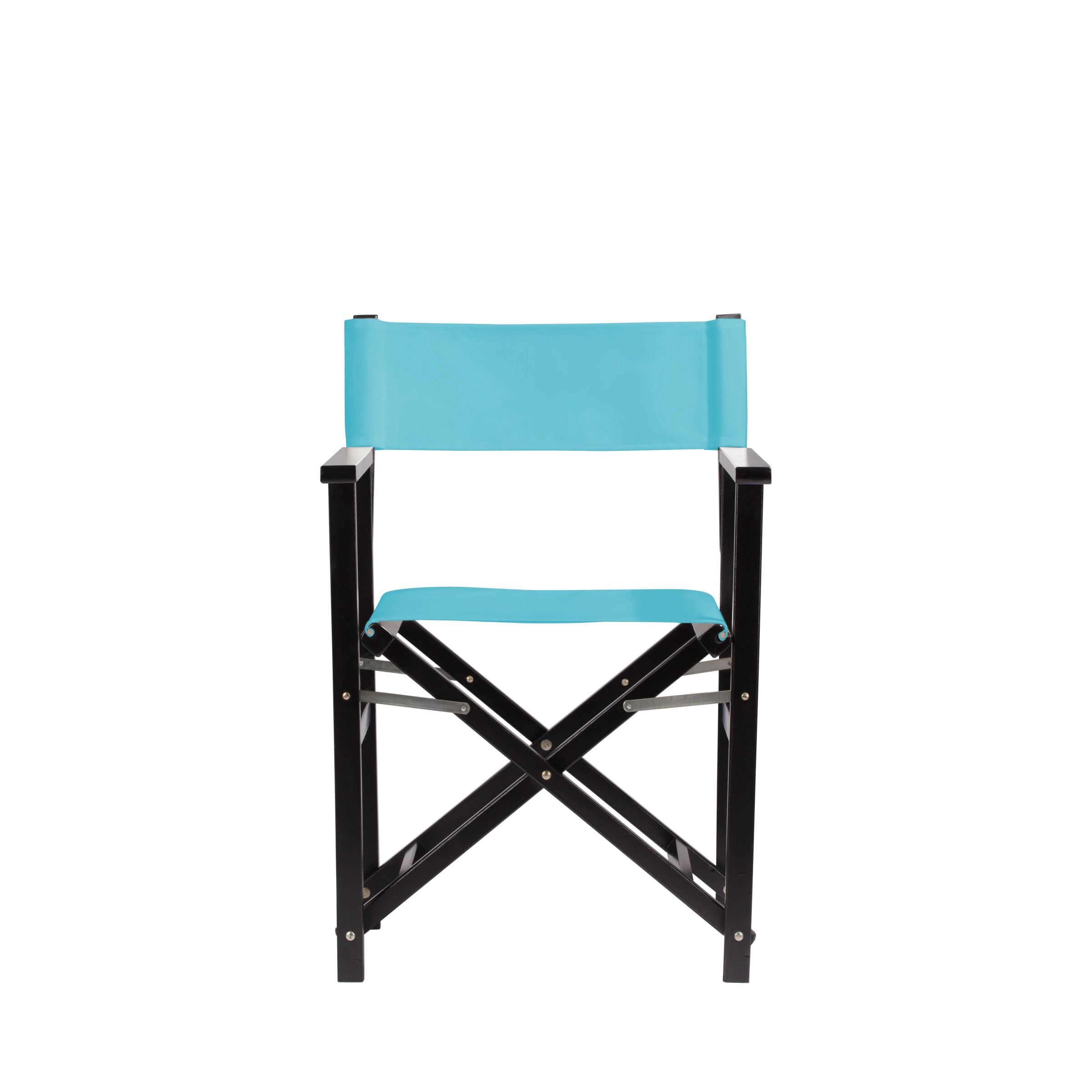 Regiestuhl Woody aus schwarzem Buchenholz mit hellblauem Bezug, Frontalansicht
#Classic | Set (Farbe)_hellblau