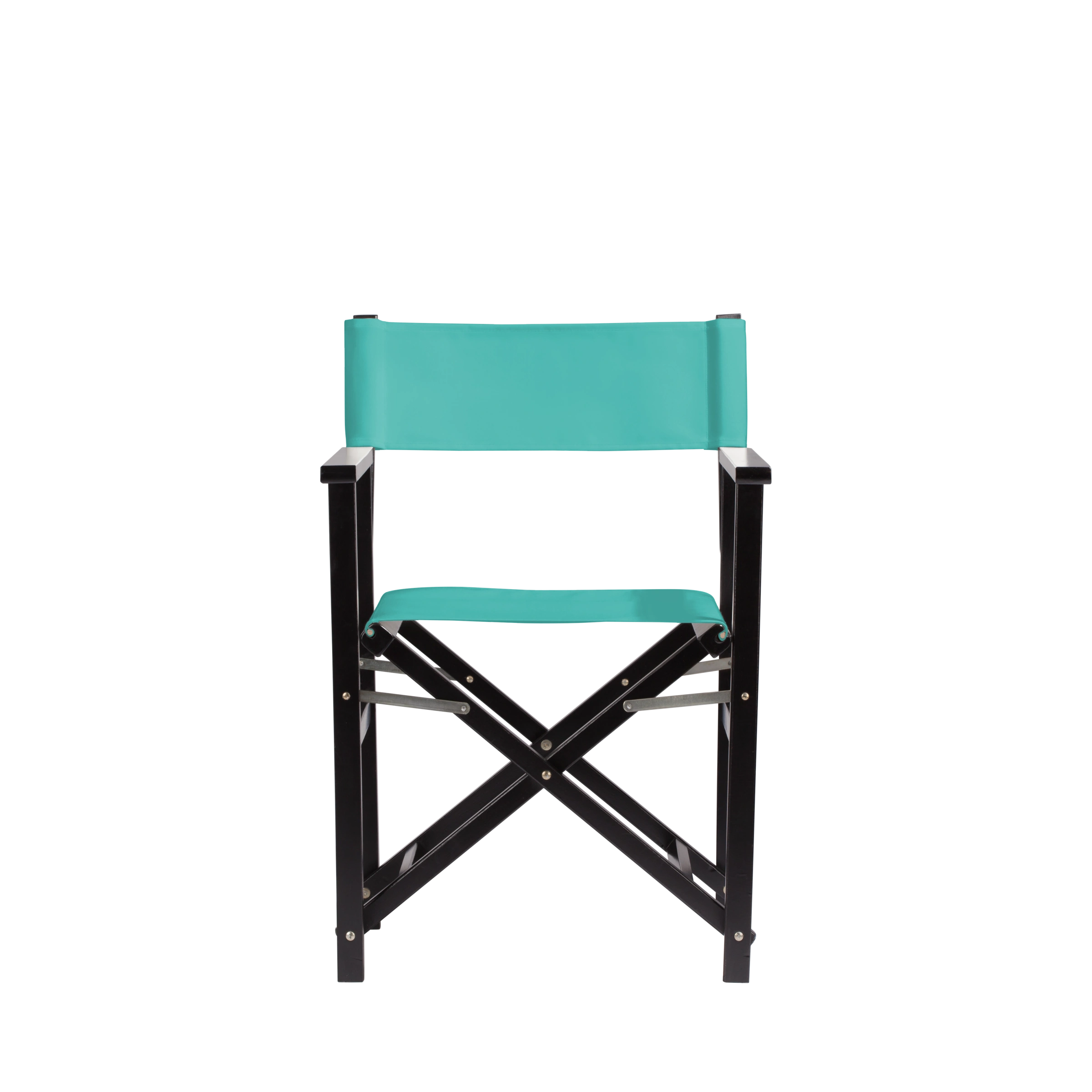 Regiestuhl Woody aus schwarzem Buchenholz mit türkisem Bezug, Frontalansicht
#Classic | Set (Farbe)_türkis