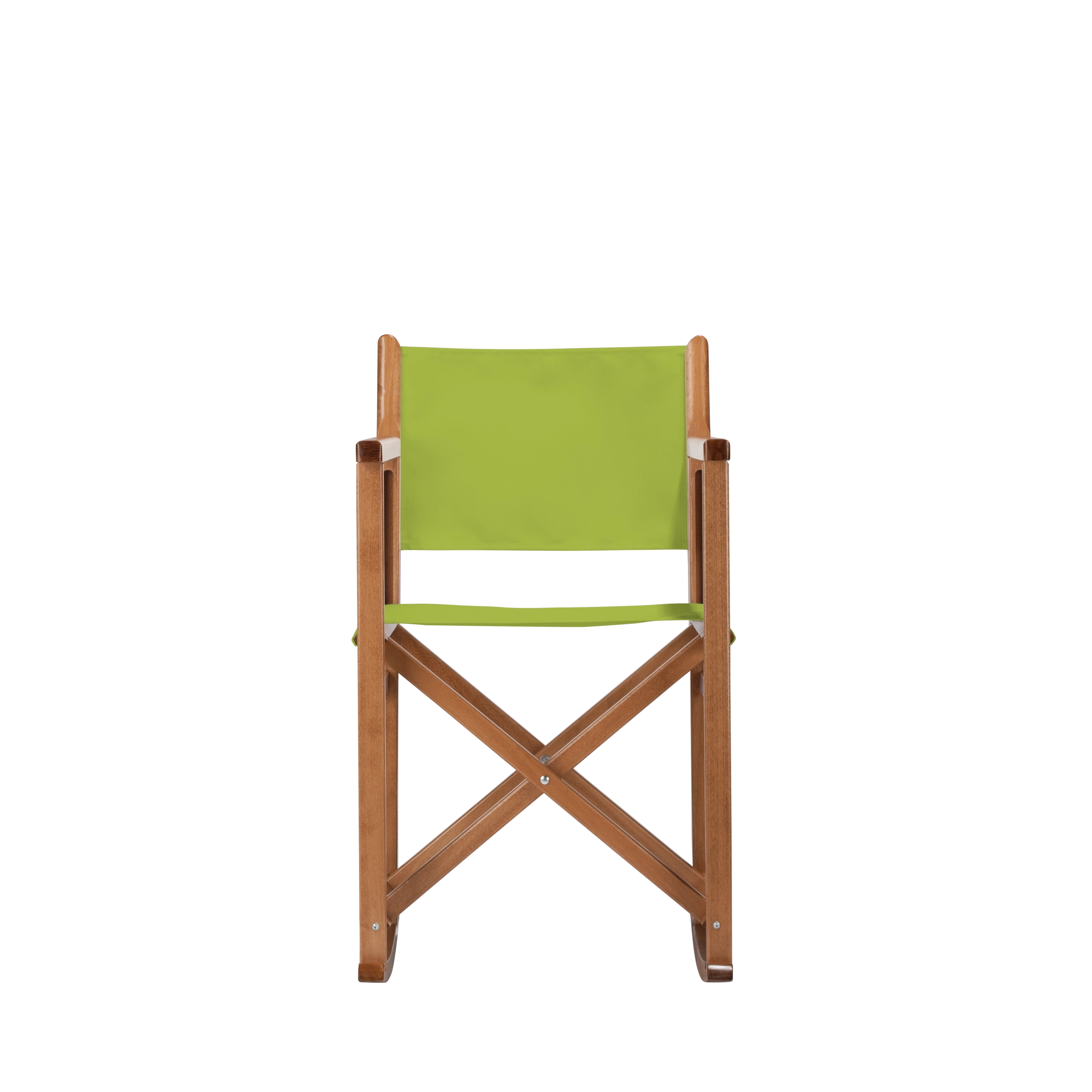 Schaukelstuhl Helmut aus brandyfarbenem Buchenholz mit hellgrünem Bezug, Frontalansicht
#Swing | Set (Farbe)_hellgrün