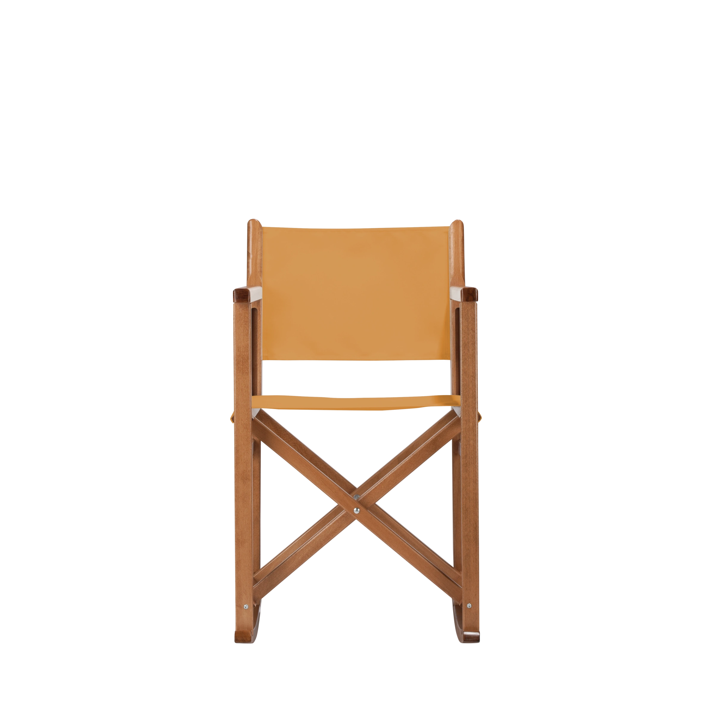 Schaukelstuhl Helmut aus brandyfarbenem Buchenholz mit Bezug in ocker, Frontalansicht
#Swing | Set (Farbe)_ocker