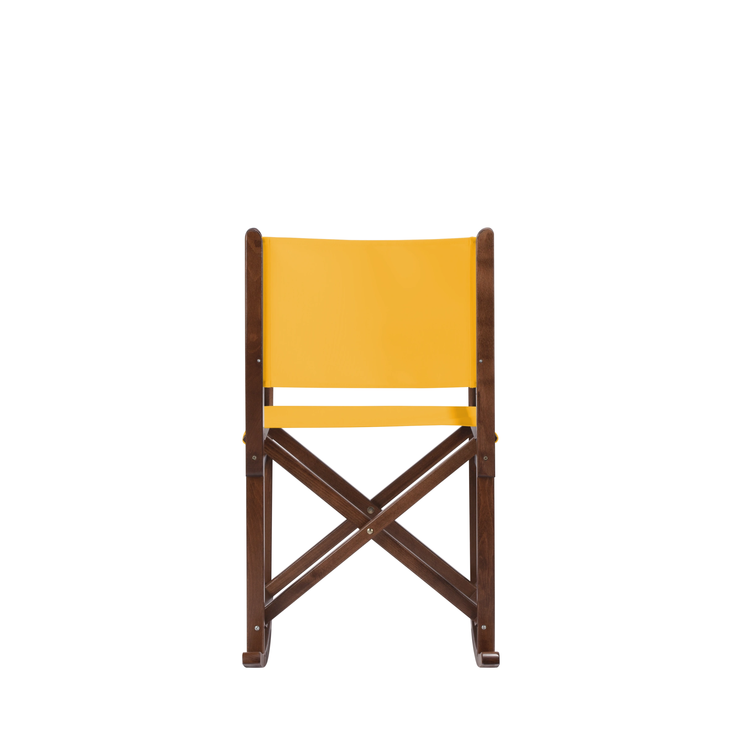 Schaukelstuhl Helmut aus braunem Buchenholz mit gelbem Bezug, Rückansicht
#Swing | Set (Farbe)_gelb