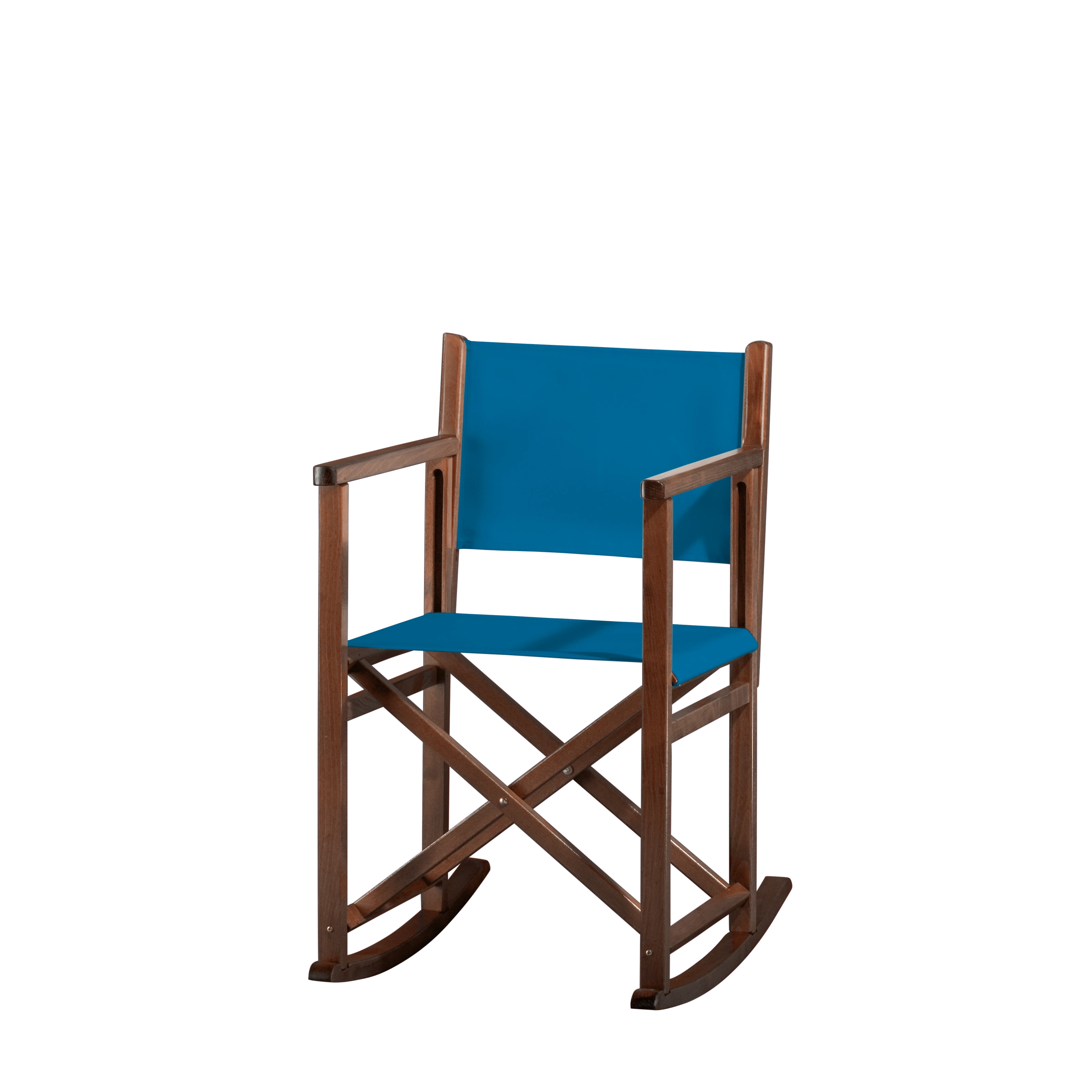 Schaukelstuhl Helmut aus braunem Buchenholz mit blauem Bezug, Seitenansicht
#Swing | Set (Farbe)_blau