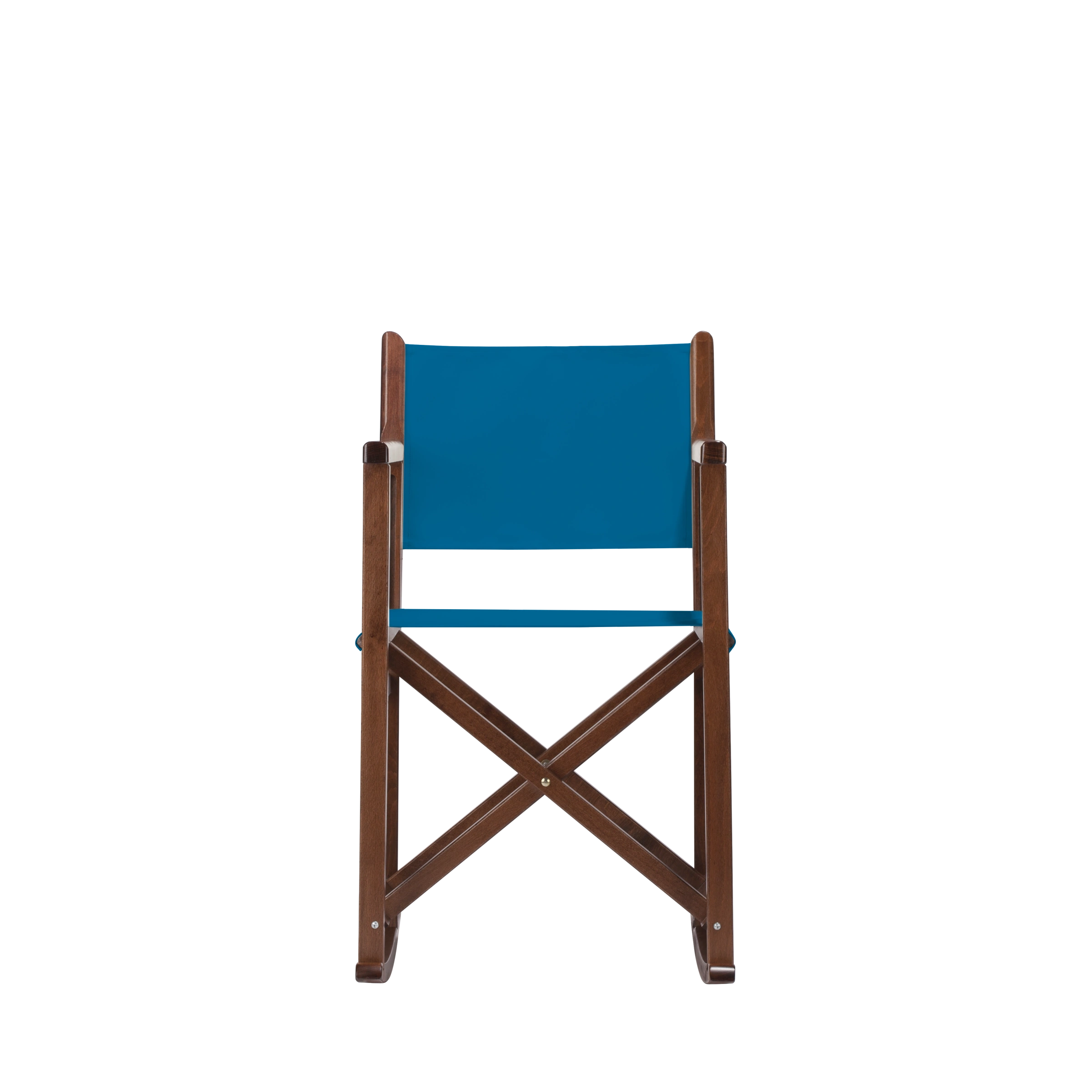 Schaukelstuhl Helmut aus braunem Buchenholz mit blauem Bezug, Frontalansicht
#Swing | Set (Farbe)_blau