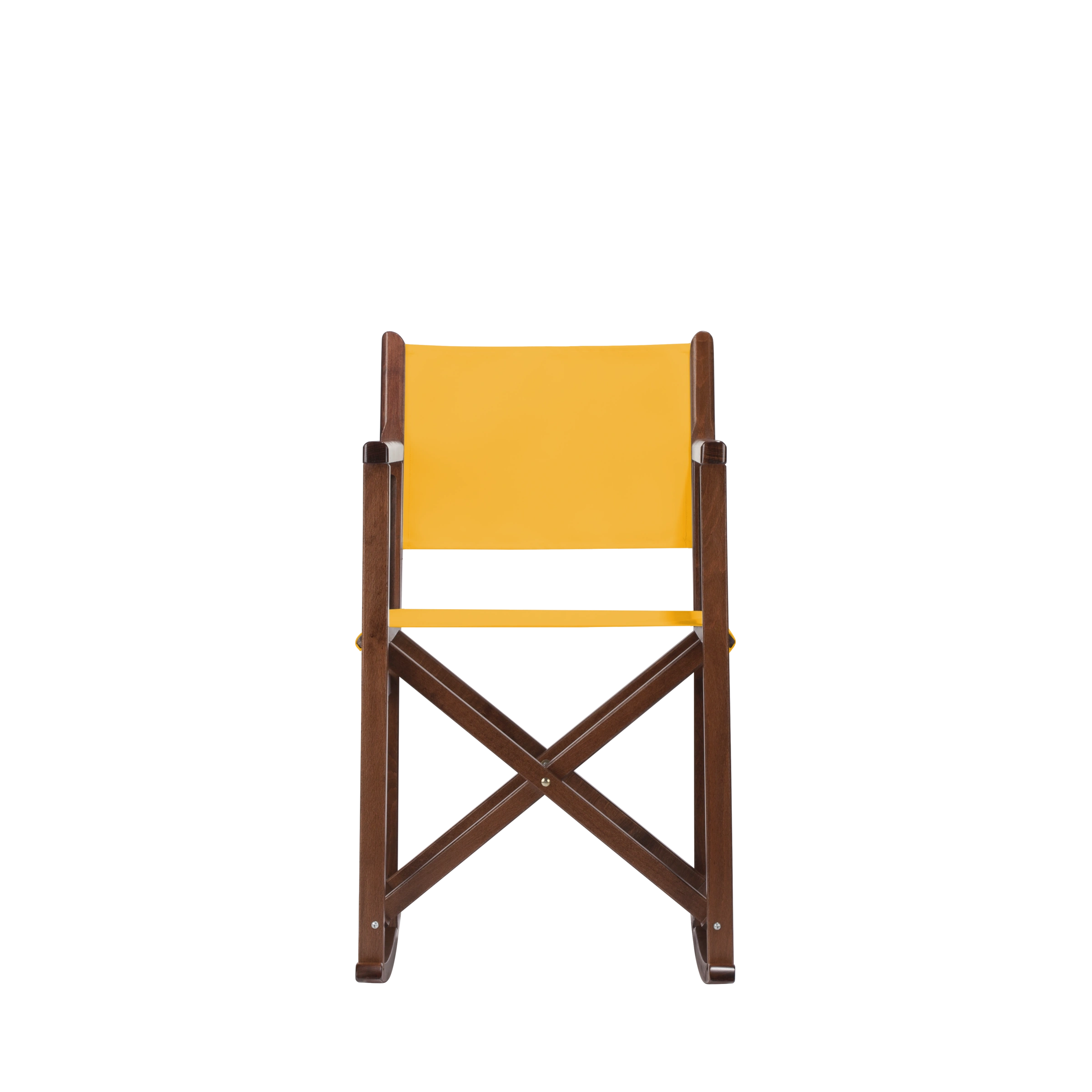 Schaukelstuhl Helmut aus braunem Buchenholz mit gelbem Bezug, Frontalansicht
#Swing | Set (Farbe)_gelb