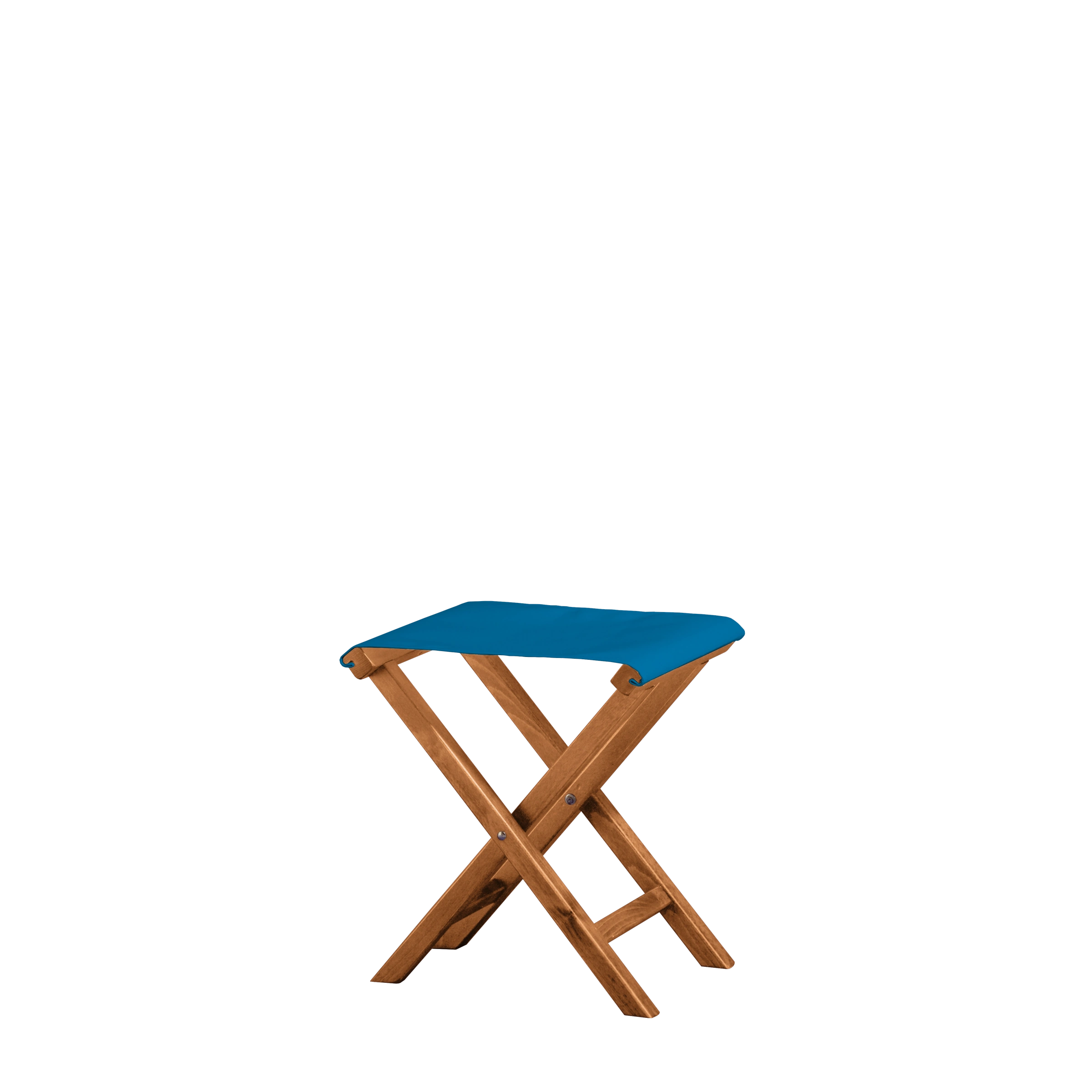 Beistellhocker Wim aus brandyfarbenem Buchenholz mit blauem Bezug, Seitenansicht
